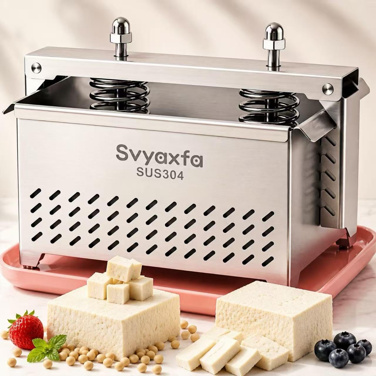 Tofu Press Stainless Steel – Premium Tofu Maker & Paneer Maker with Spring Compression, Dishwasher Safe Tofu Press for Extra Firm Crispy Tofu, BPA Free Cheese Press with Drip Tray XL