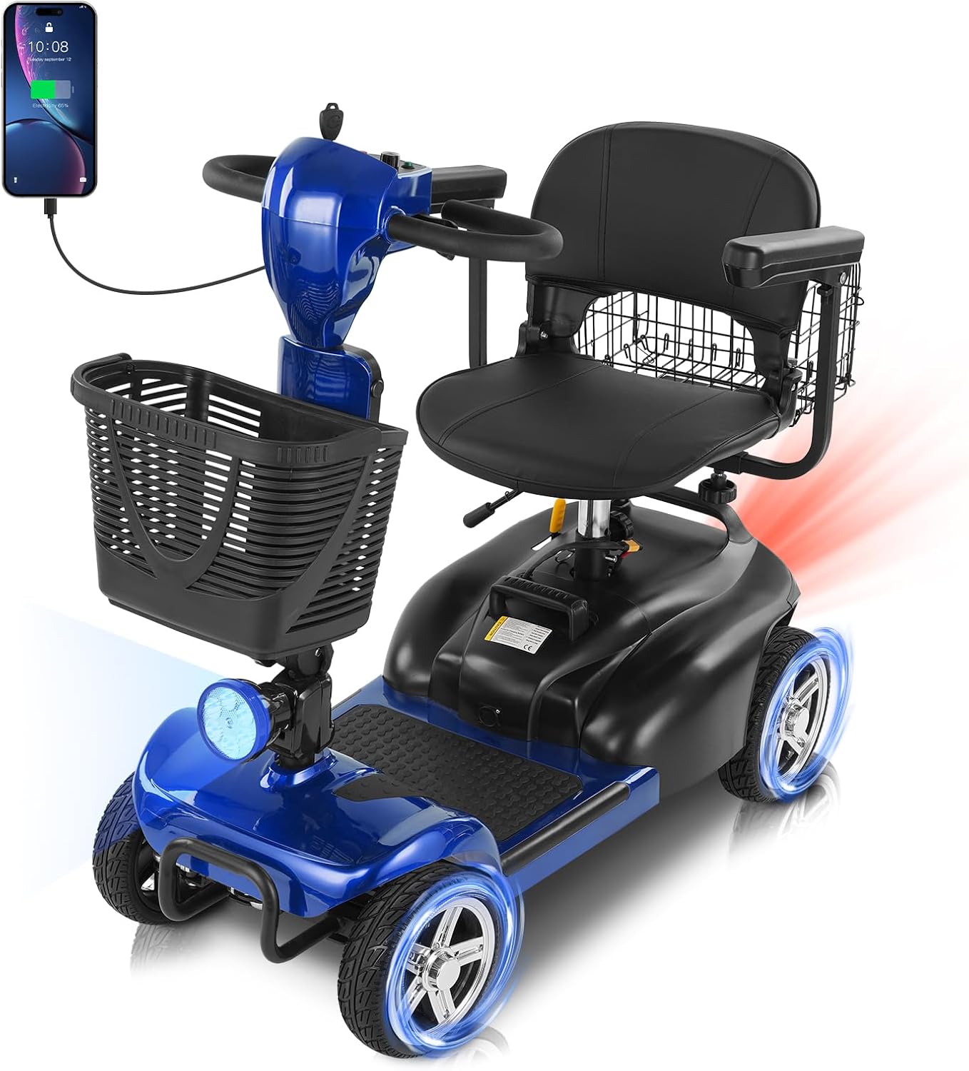 15/30 Miles 4 Wheels Mobility Scooter for Adults&Seniors Up to 300LBS, 350W Electric Wheelchair Device w/Extended Battery, Bright Taillights,Dual Baskets, Rotating Seat, USB Charging