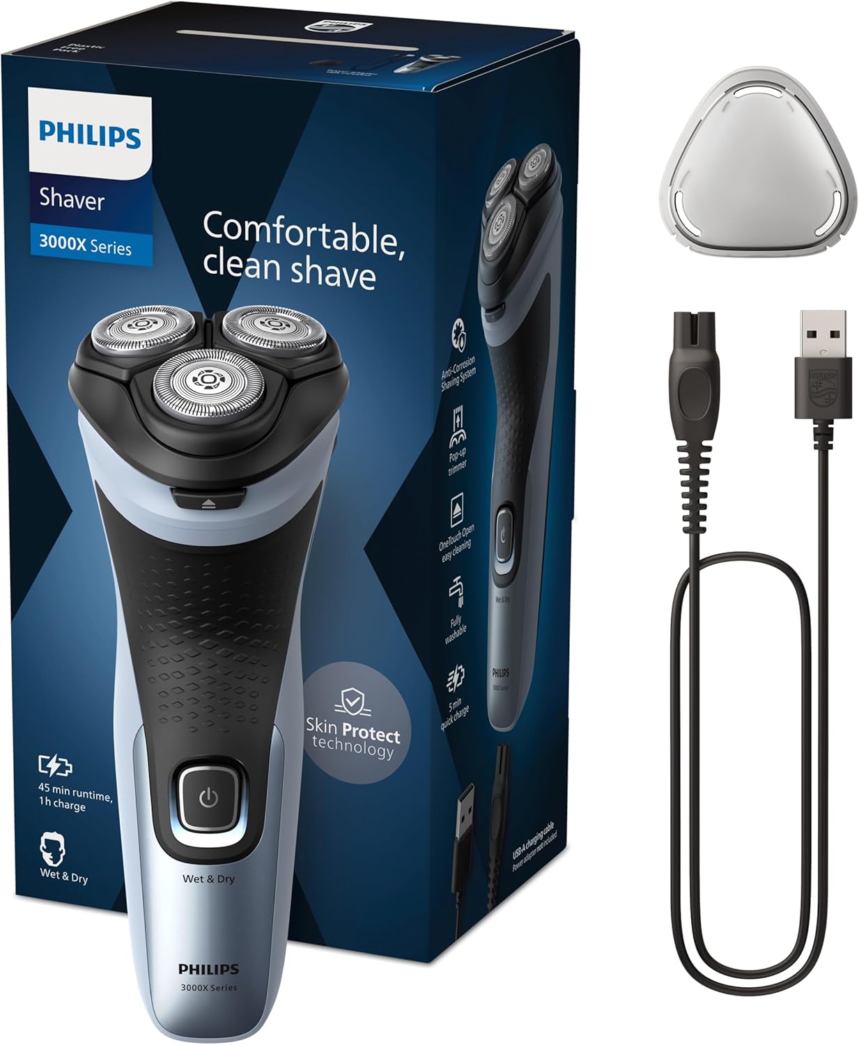 Philips Electric Shaver Series 3000X - Wet & Dry Electric Shaver for Men in Celestial Blue, with SkinProtect Technology, Pop-up Beard Trimmer, Ergonomic Men's Shaver (Model X3053/00)