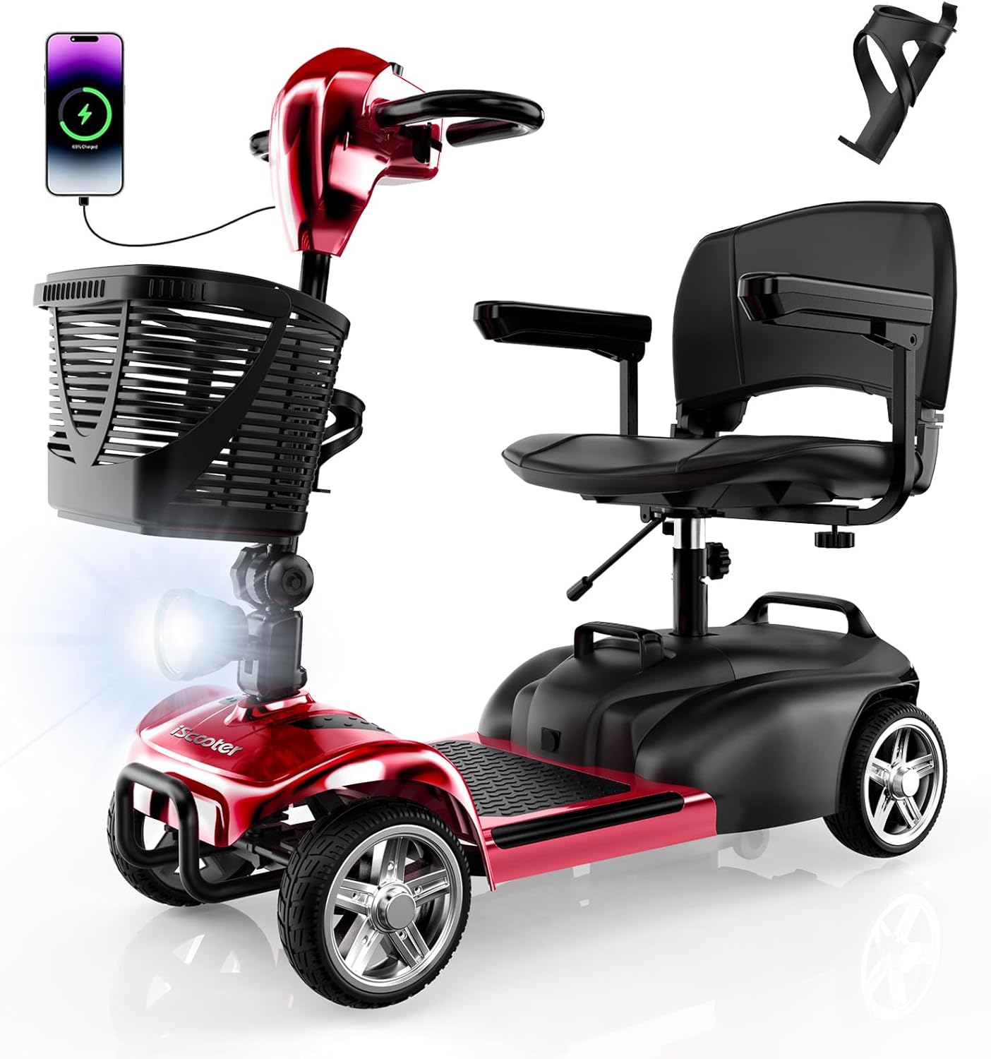 iScooter 4 Wheels Mobility Scooter, Up to 300LBS Mobility Scooter for Seniors & Adults, Foldable Electric Wheelchair Device, LED Headlight, Basket, Cup Holder,Long Range,USB Charging