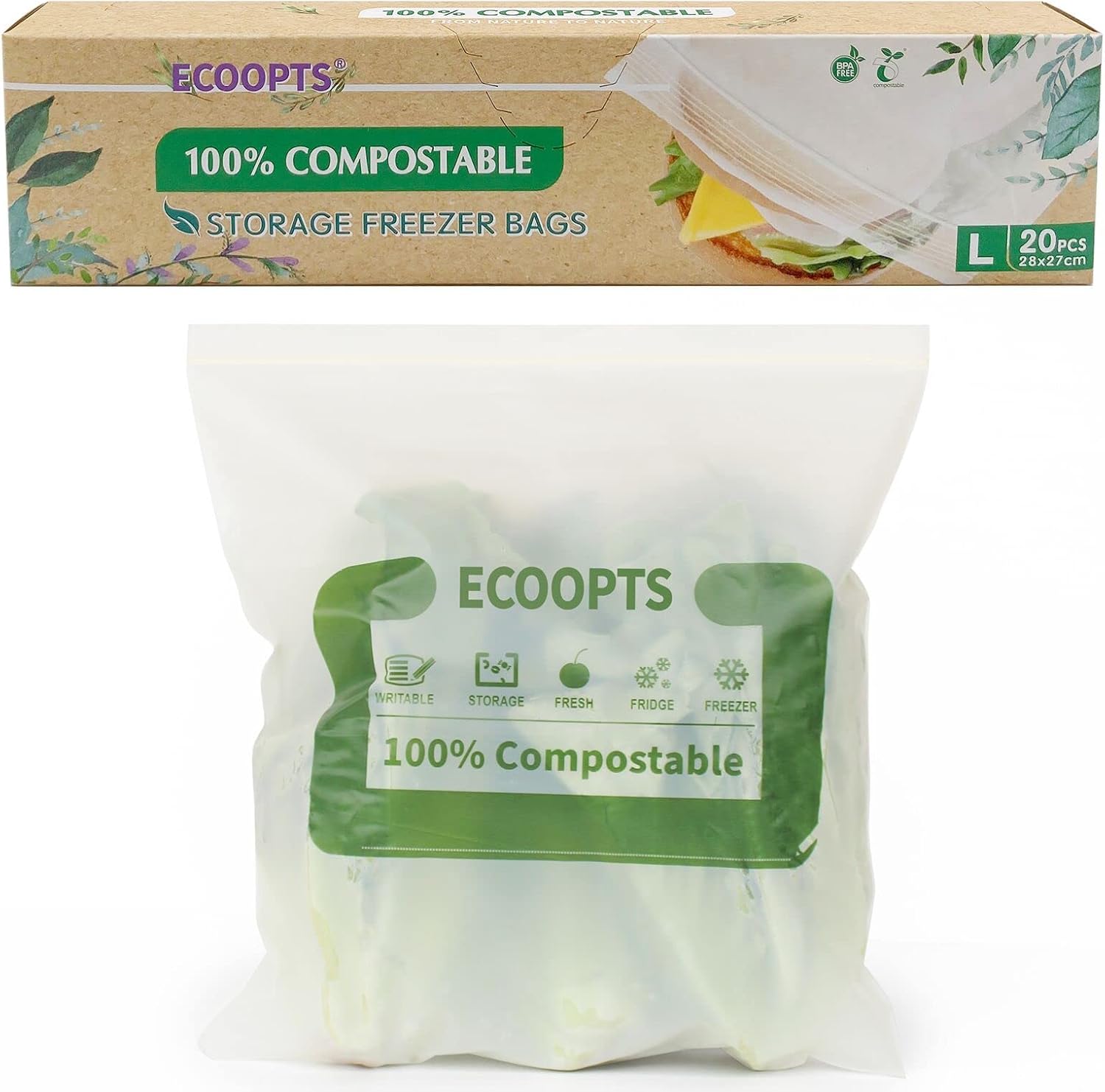 100% Compostable Large Sandwich Zip Bag | ECO-Friendly Food Storage Bags | Freezer Bag | Plant-Based BPA-free | Seal well for Fruit,Food and Snack (L)