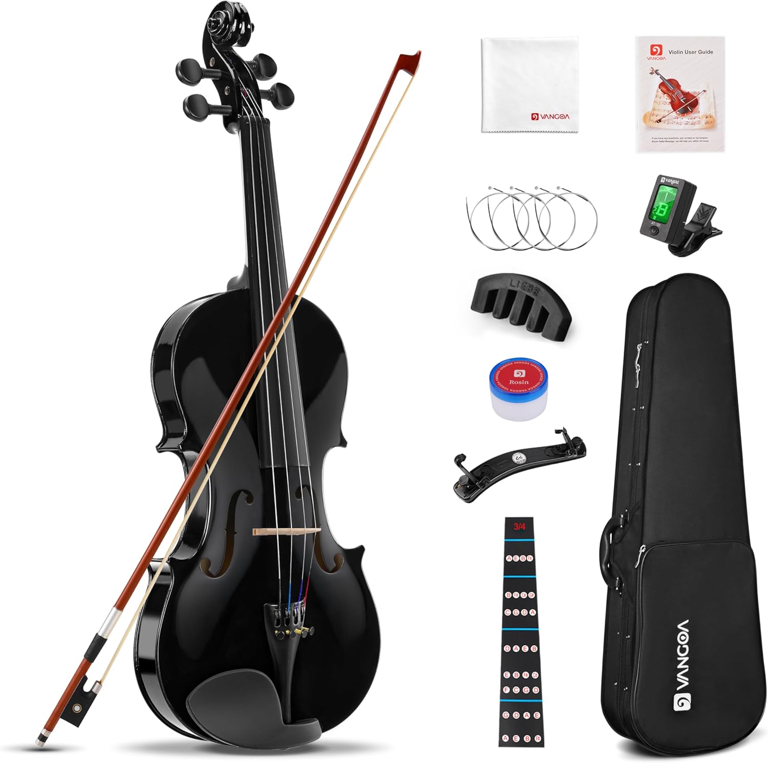 Vangoa 4/4 Violin Adult Full Size Acoustic Violin Fiddle Beginner Set with Violin Case, Rosin, Shoulder Rest, Tuner, Strings, Violin Bow, Fingerboard Sticker, Glossy Black