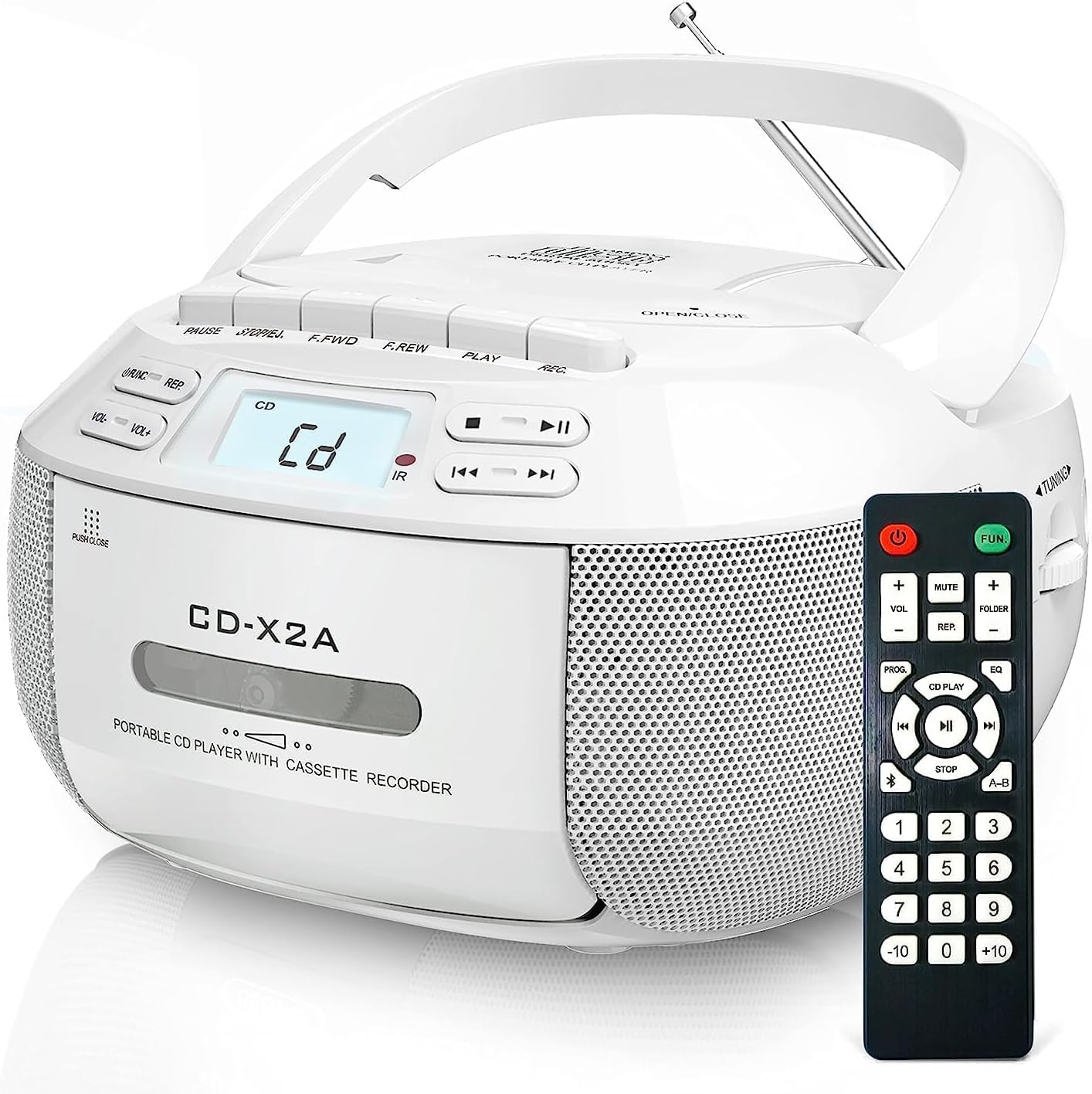 Greadio Portable CD Player with Speakers, Boombox Cassette Player with Bluetooth, FM Radio, USB/AUX Playback, LCD Display, Remote Control, Tape Recording, Battery or Mains Powered, Headphone Jack