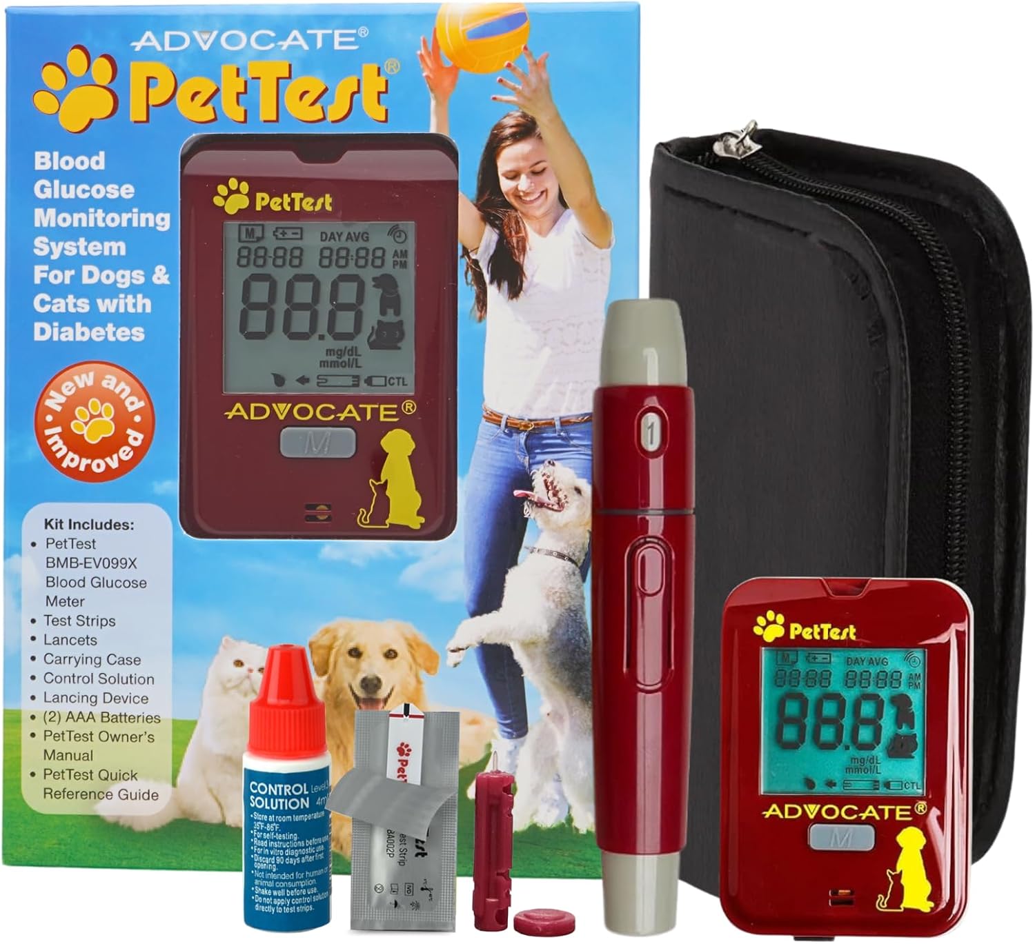 PetTest Glucose Monitoring System - Blood Sugar Check Kit for Dogs & Cats - Full Kit Includes 25 Test Strips, 25 Lancets, Red Dot Lancing Device, Glucose Meter, Carrying pouch - Pets Diabetic Supplies
