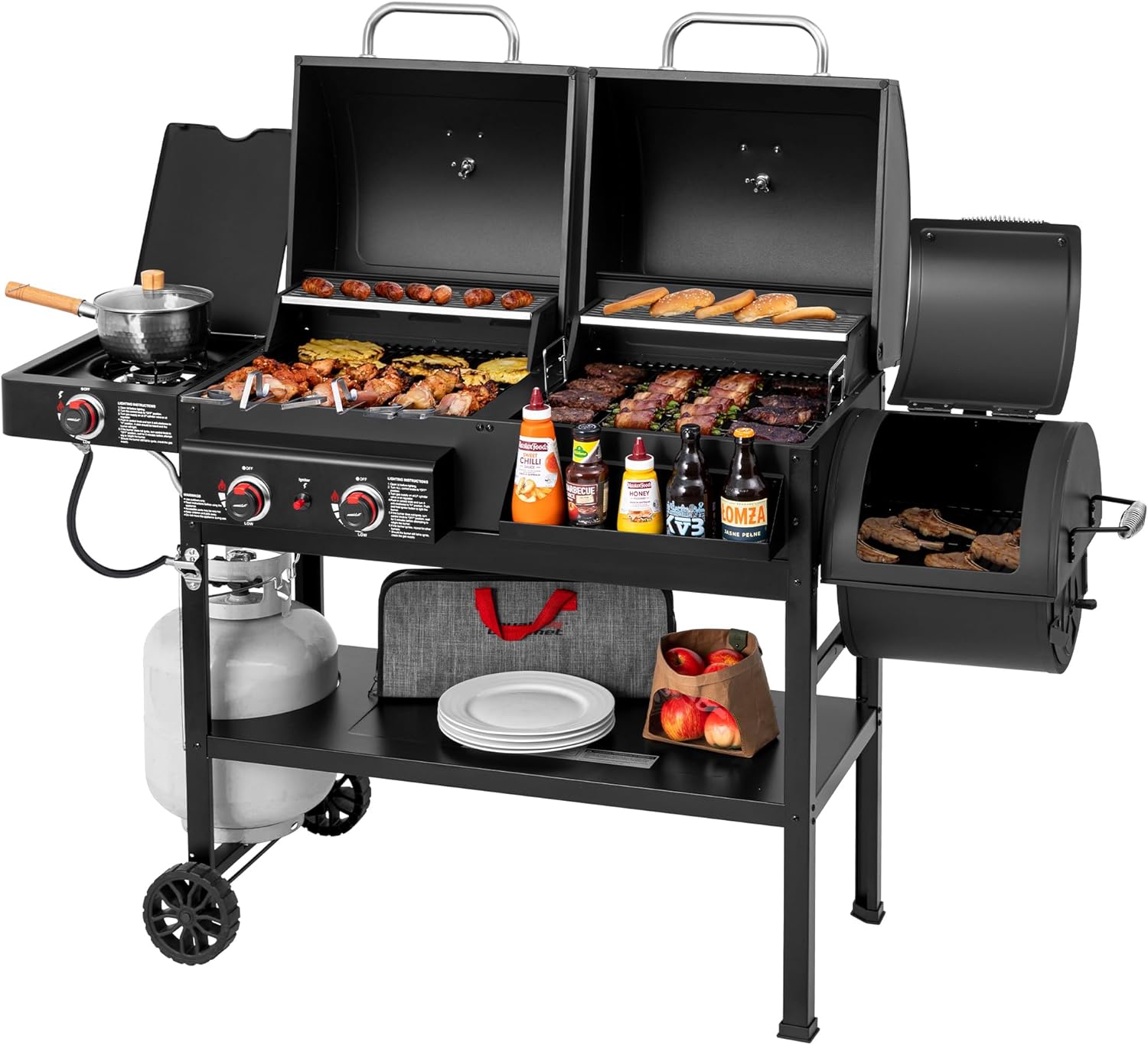 2-Burner Gas and Charcoal Combo Grill with Offset Smoker & Side Burner, 34,000 BTU Dual Fuel Grill, 1020 Sq. In. Cooking Area, Ideal for Outdoor Cooking, Black, ZH3005Y-SC