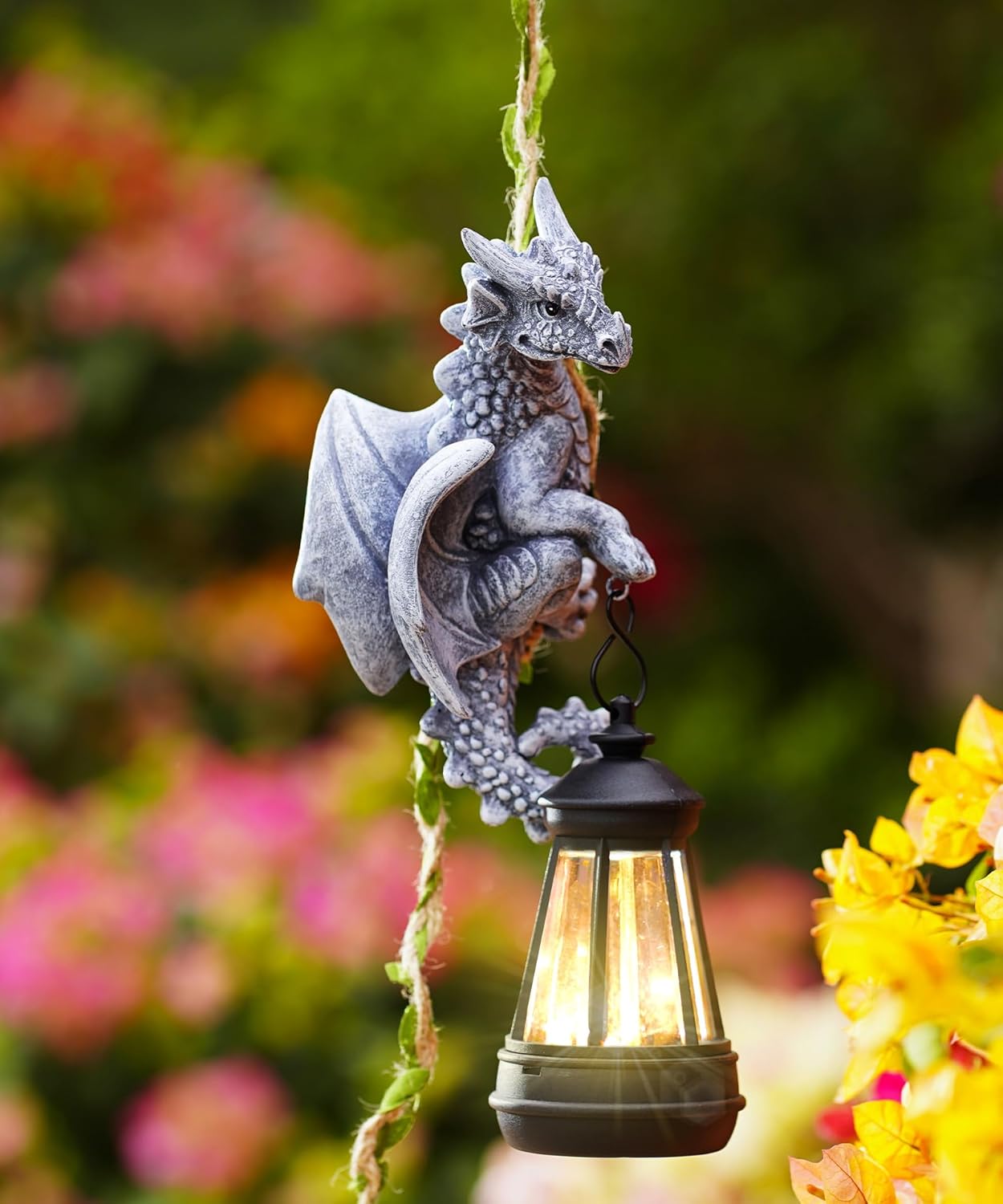 Nacome Dragon Outdoor Statues for Garden: Outside Hanging Climbing Sculptures with Lantern Decor for Yard Art Porch Balcony - Birthday Gifts for Grandma Mom Women