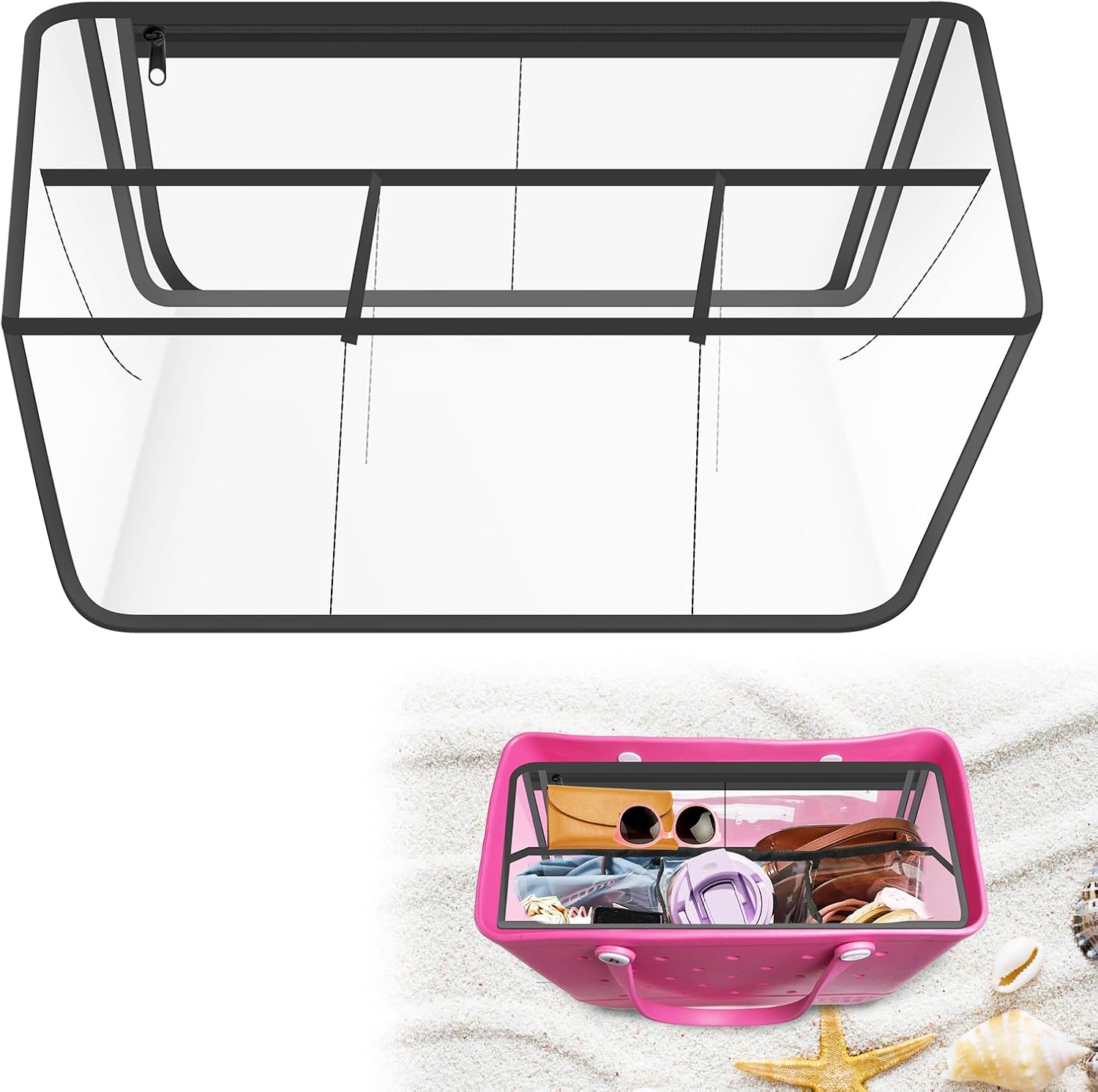HAIJED Beach Bag Organizer Liner Compatible with Zipper Clear Bogg Bag Insert Waterproof Bogg Divider Liner with Multiple Pockets Practical for Travels Swimming Pool Work(black)