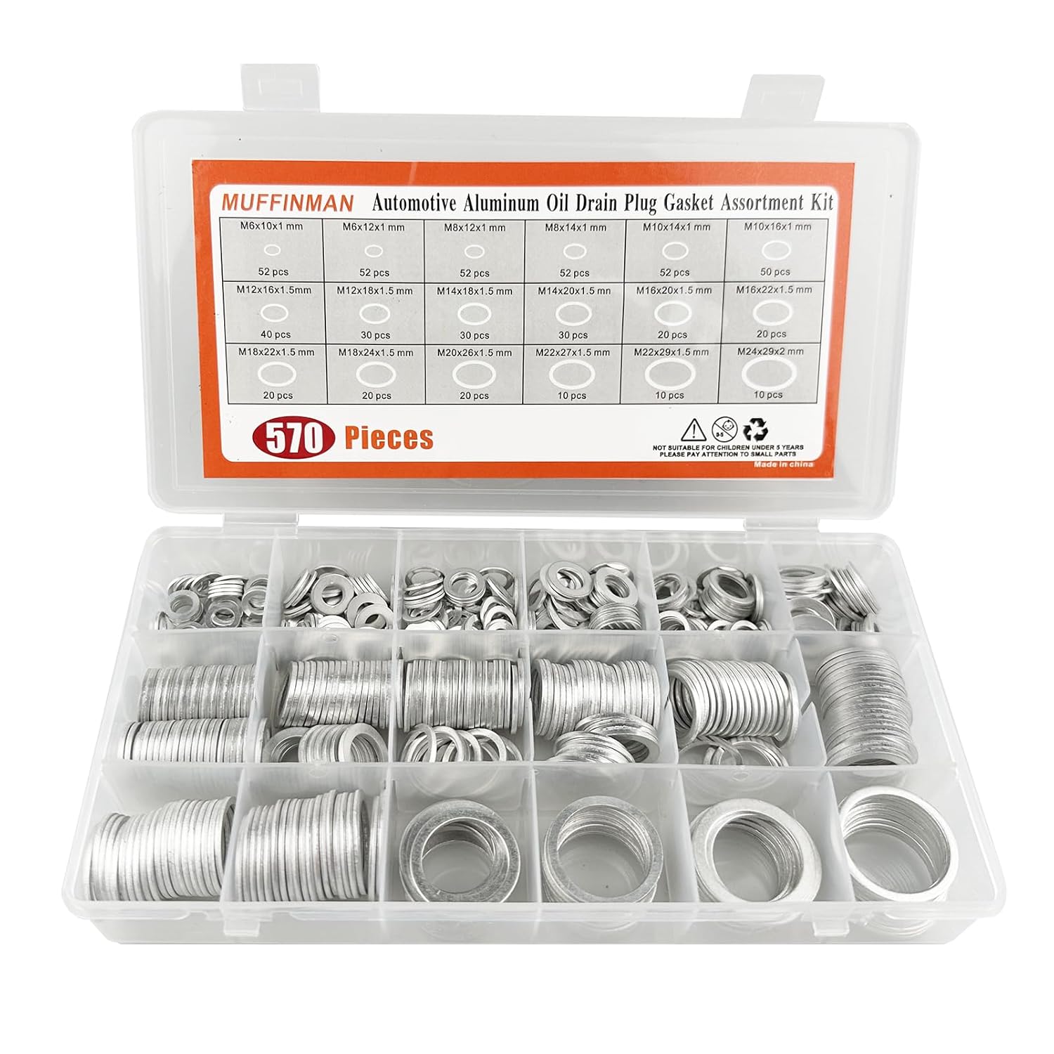570 Pieces 18 Sizes Oil Drain Plug Gaskets Assortment Kit,Oil Crush Washers, Aluminum Crush Washers Assortment Kit,M6 M8 M10 M12 M14 M16 M18 M20 M22 M24