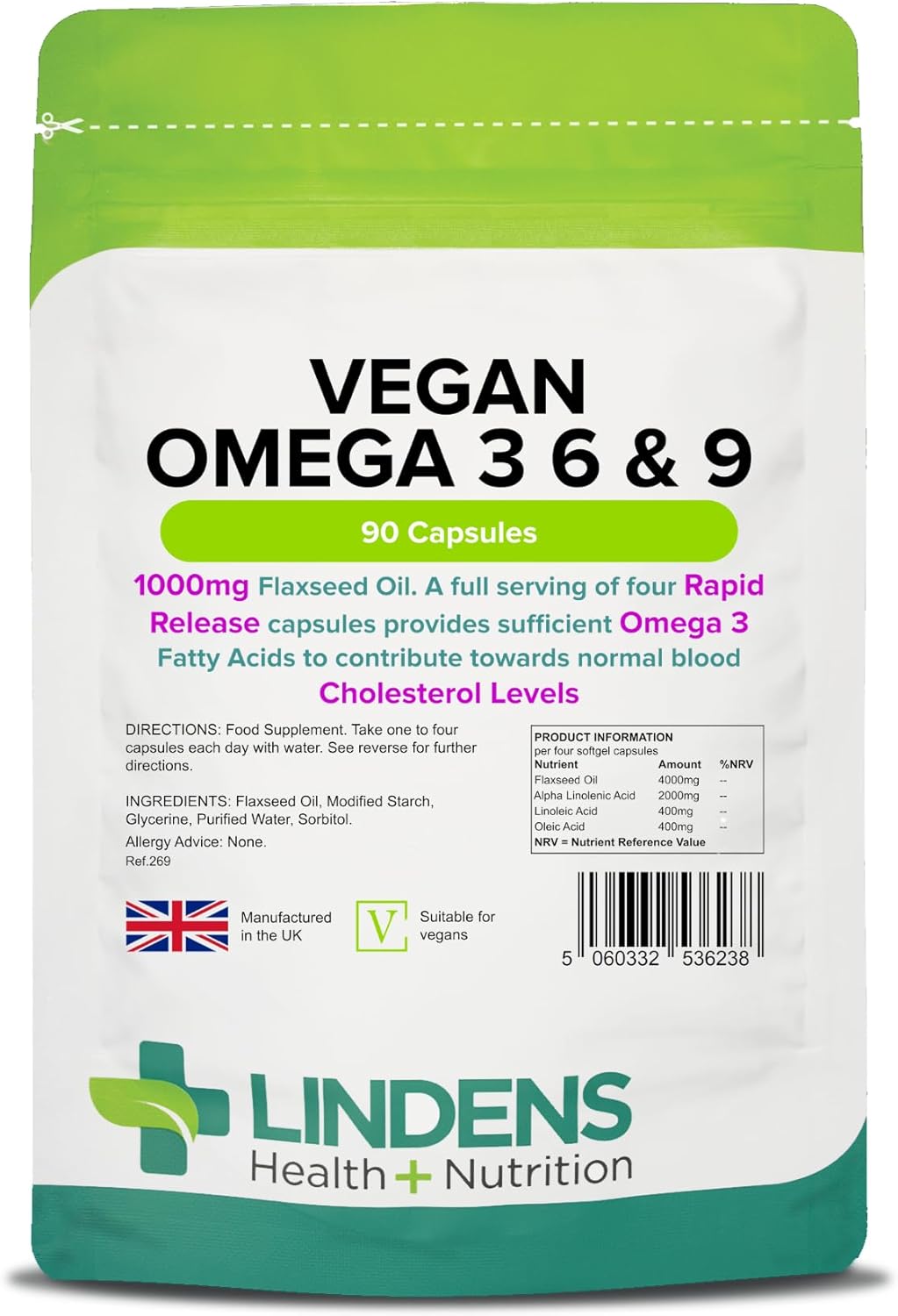 Lindens - Vegan Omega 3, 6 & 9-90 Capsules - 1000mg Flaxseed Oil, UK Made - Essential Omega Fatty Acids, Normal Blood Cholesterol Levels - Brain, Heart & Eyes - Letterbox Friendly