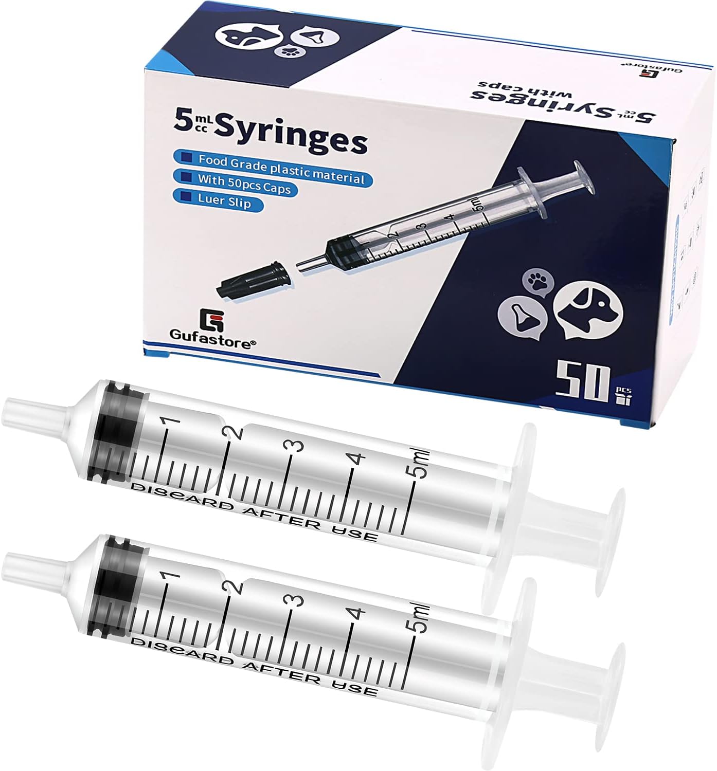 50 Pack 5ml Plastic Syringes with Caps for Science Labs, Liquid Measuring, Watering, Refilling, Oral,Pet