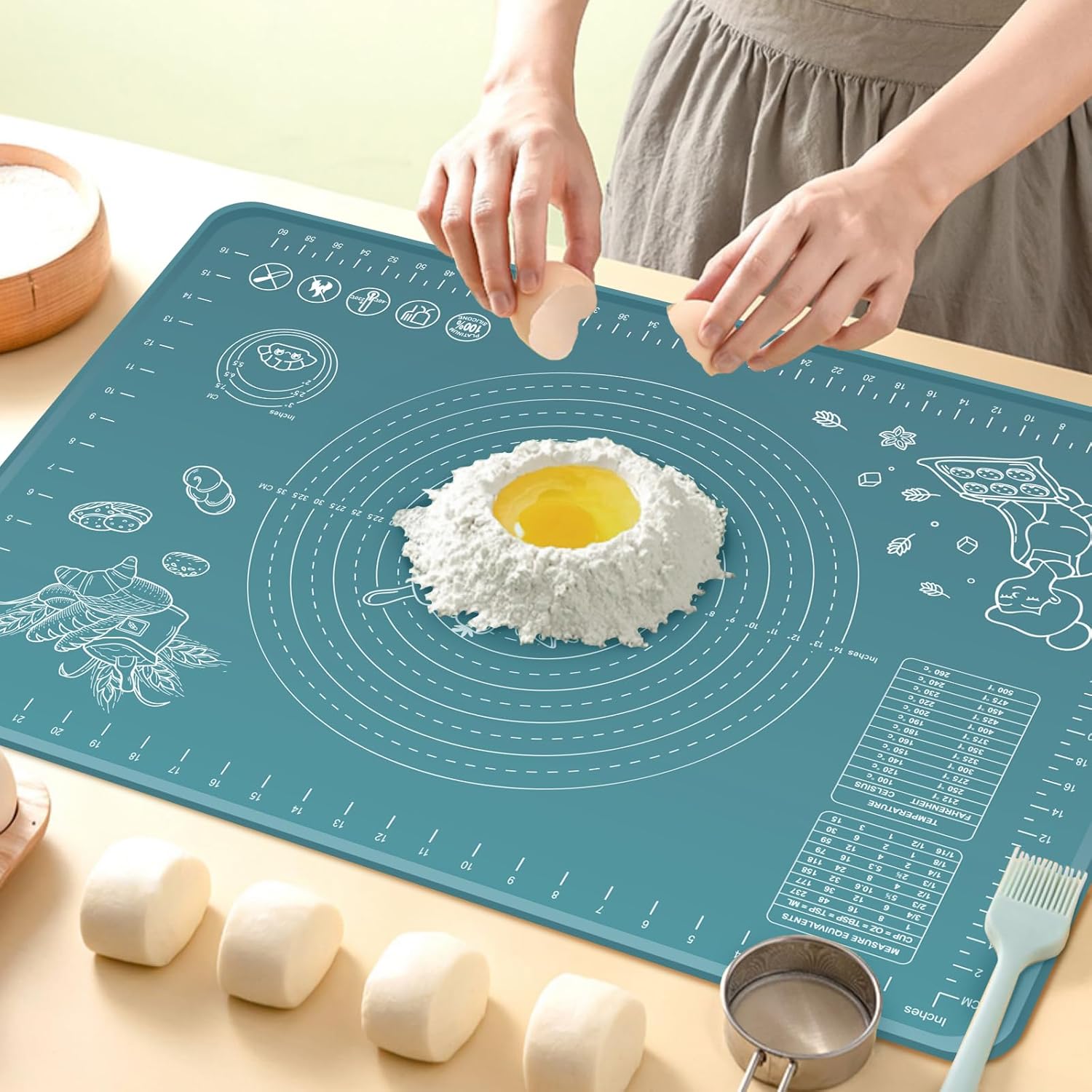 Silicone Pastry Mat 60x40 cm Extra Thick Non Stick Baking Mat with Measurements and Edge Heightening, Food Grade Silicone Rolling Dough Board for Pastry, Bread, Cookies, Pizza, Fondant, Pasta - Indigo