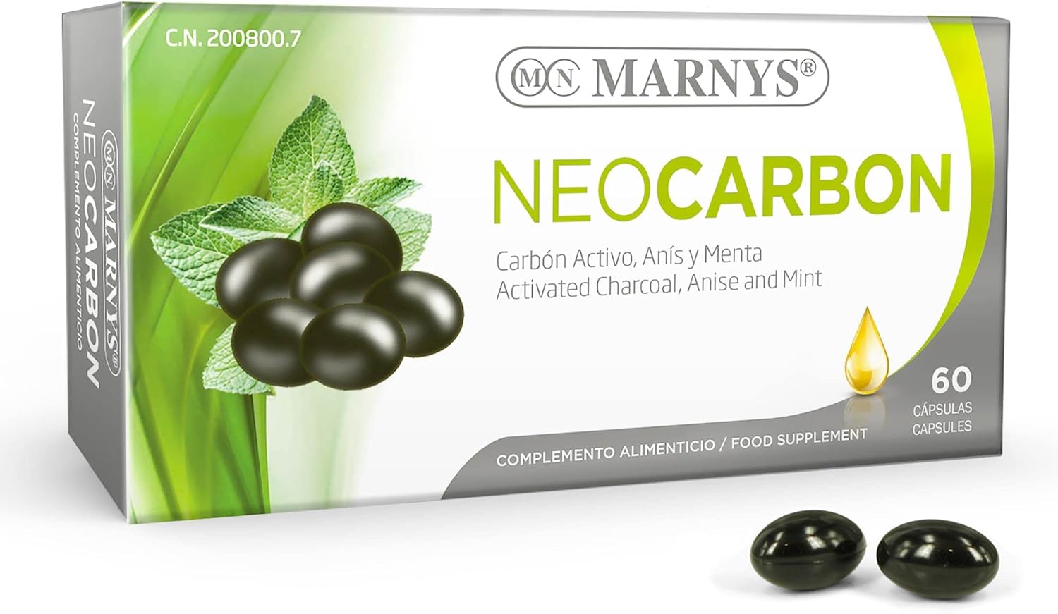 Marnys Active Charcoal and Anise and Mint Essences - Slimming Aid, to Eliminate Intestinal Gases, Relieves Bloating and Stomach Pain, Cleansing Supplement - 60 Capsules