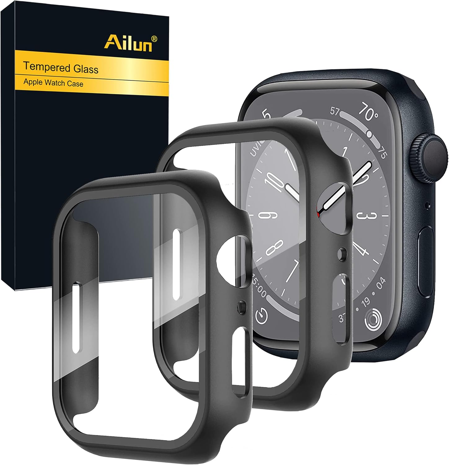 Ailun for Apple Watch Series 9 & 8 & 7 Screen Protector Case [45mm], Ultra-Thin Hard PC Case Built in Tempered Glass for iWatch, Shockproof Cover with Button [2 Pack][Black]