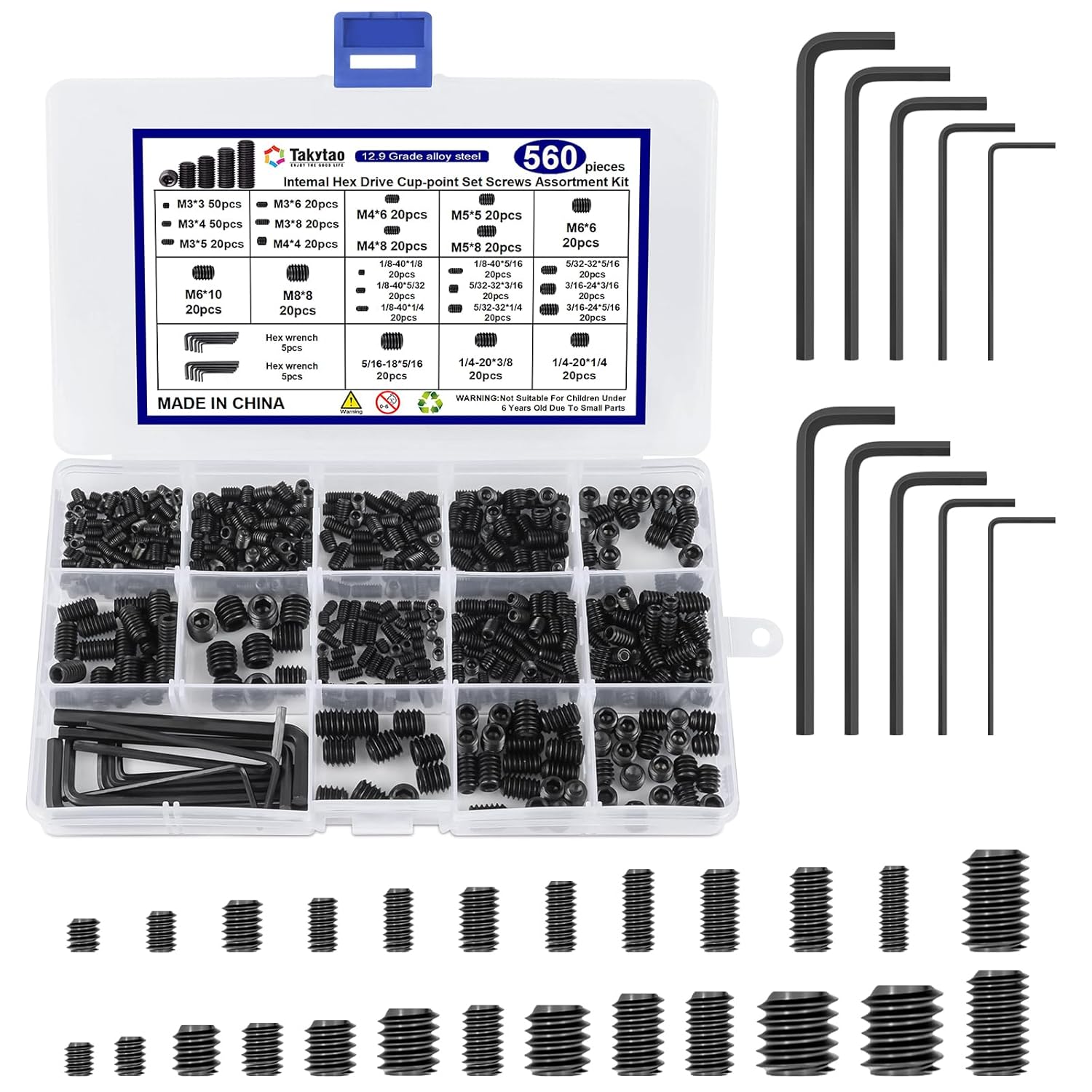 560PCS 25 Sizes Metric & SAE Set Screw Assortment Kit,12.9 Class Alloy Steel Internal Hex Drive Cup-Point Set Screws Assortment Kit with 10 Hex Wrenches, M3 to M8 and 1/8-40 to 5/16-18