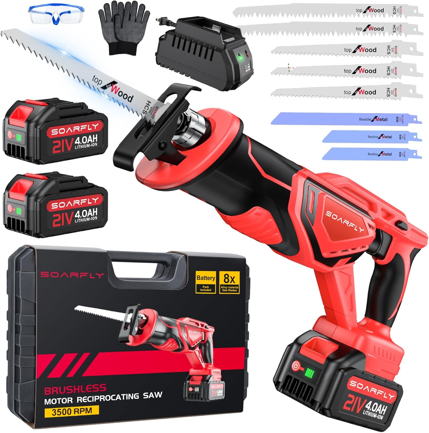 Cordless Reciprocating Saw 21V Brushless Motor with 2x4.0Ah Batteries, 3500 SPM High-Speed Cutting, 8 Premium Blades for Wood, Metal, PVC Pipe, Lightweight & Professional Power Tool