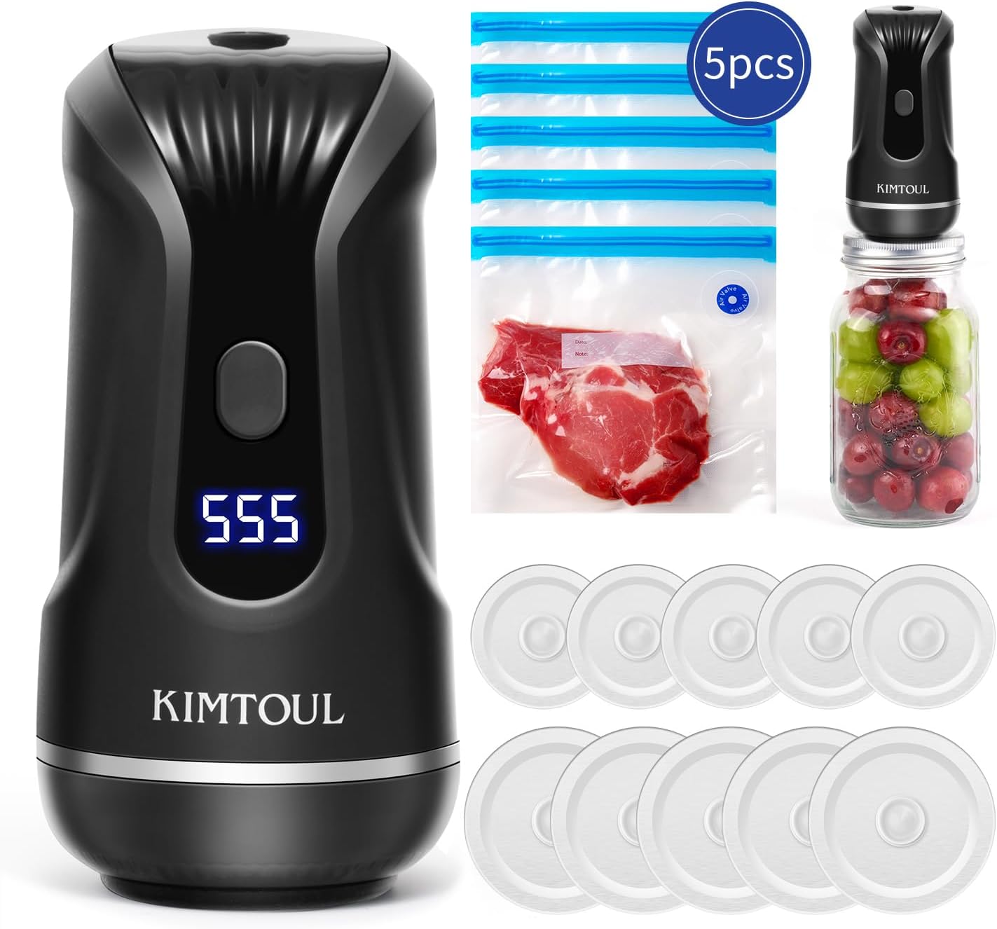 Electric Mason Jar Vacuum Sealer Kit, Handheld Vacuum Sealer for Reusable Bags, Wide Mouth and Regular Mouth Mason Jars, Multifunctional for Vacuuming and Inflating