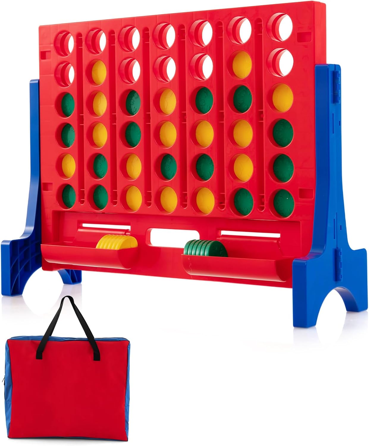 GYMAX Giant Four in a Row, Wall Mounted 4 to Score Jumbo Game with Carrying Bag & 42 Chesses, Indoor Outdoor Connect 4 Family Games for Kids Adults (Blue+Red)