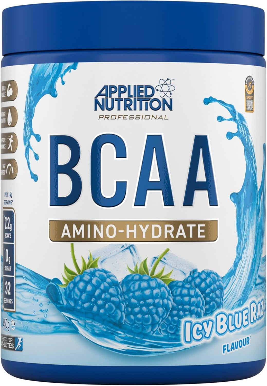 Applied Nutrition BCAA Powder - Branched Chain Amino Acids BCAAs Supplement, Amino Hydrate Intra Workout & Recovery Energy Drink (450g - 32 Servings) (ICY Blue Raz)