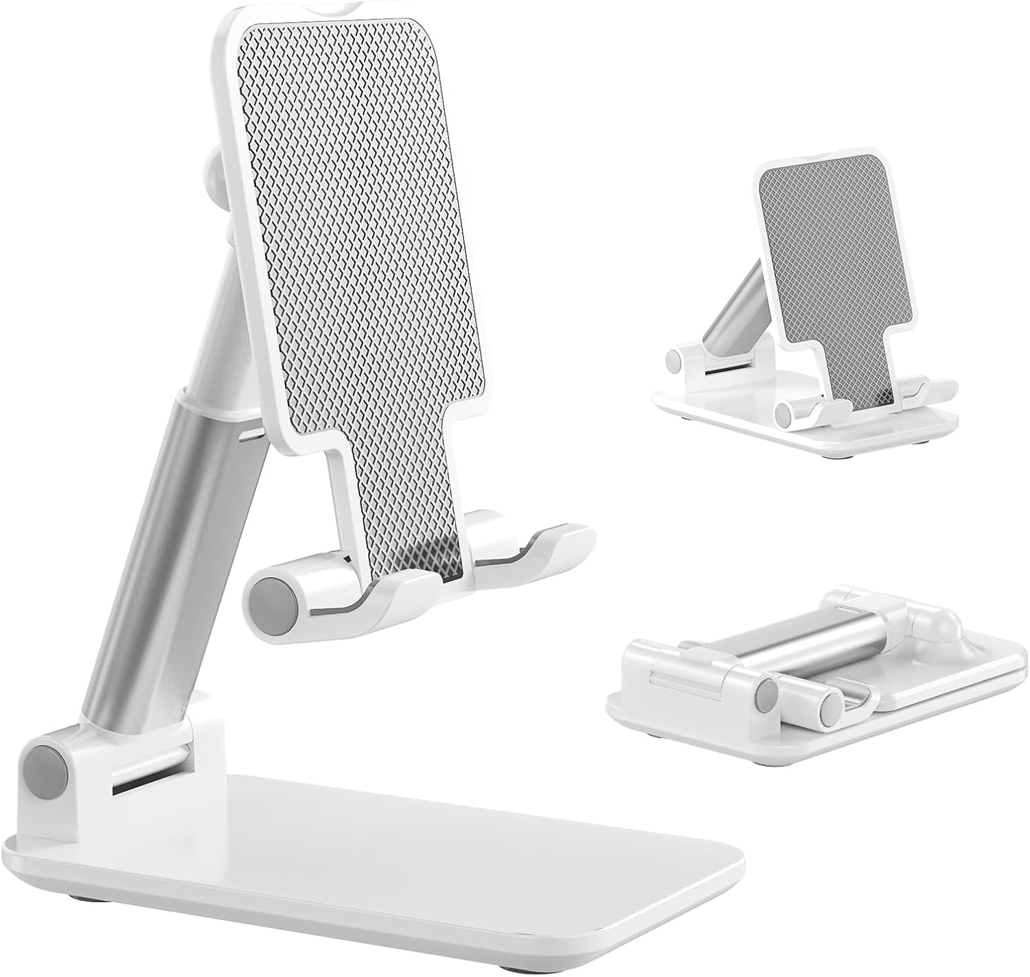 Phone Stand, Phone Holder for Desk Anti-Slip Cute Office Accessories Forldable Cell Phone Holder Compatible with iPhones, All Mobile Phones, White-Silver, Pro