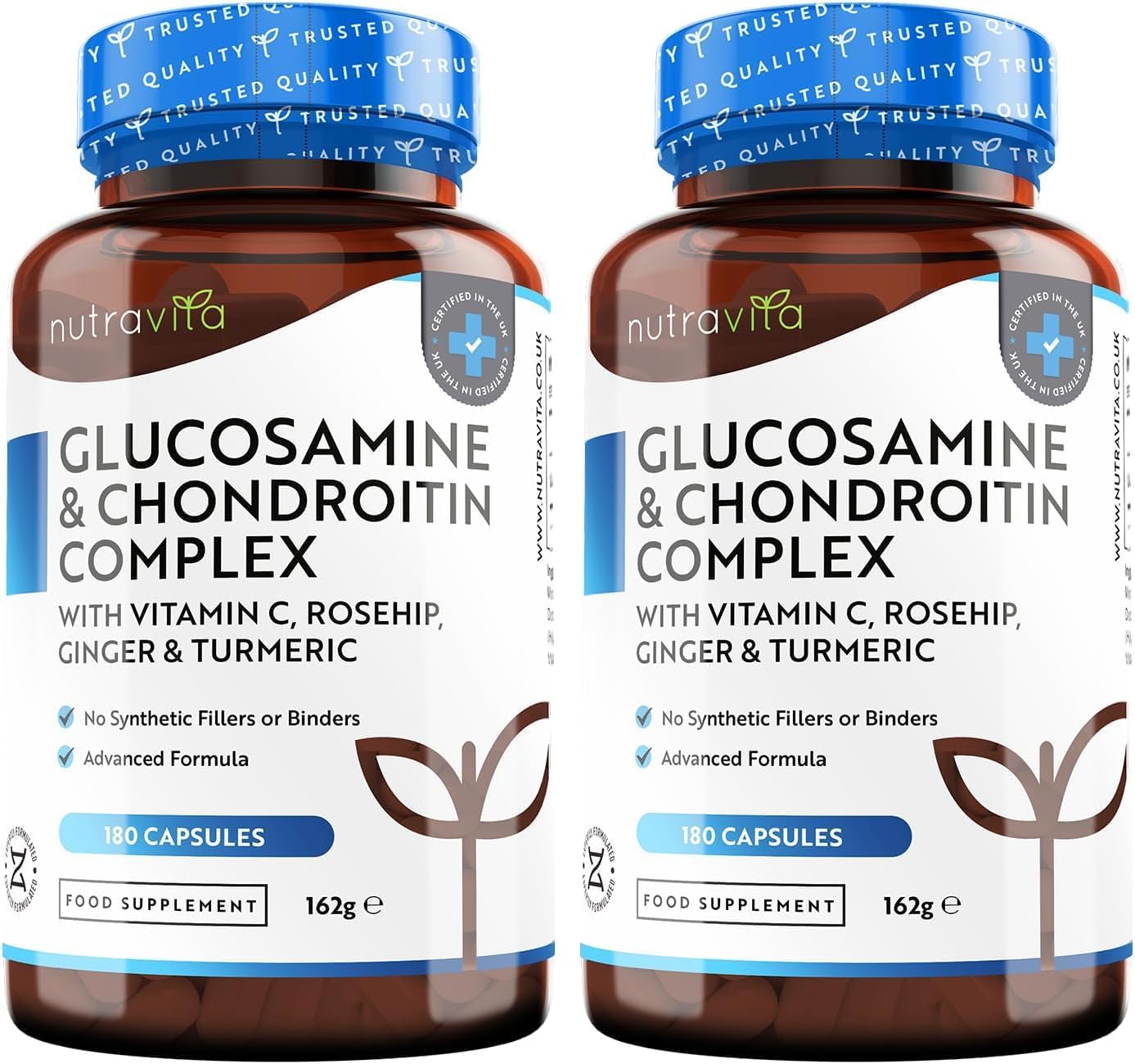 Glucosamine and Chondroitin Complex (2 Packs of 180) – 360 High Strength Capsules – Contributes to Maintenance of Normal Immune System – Vitamin C, Turmeric, Ginger and Rosehip – UK Made by Nutravita