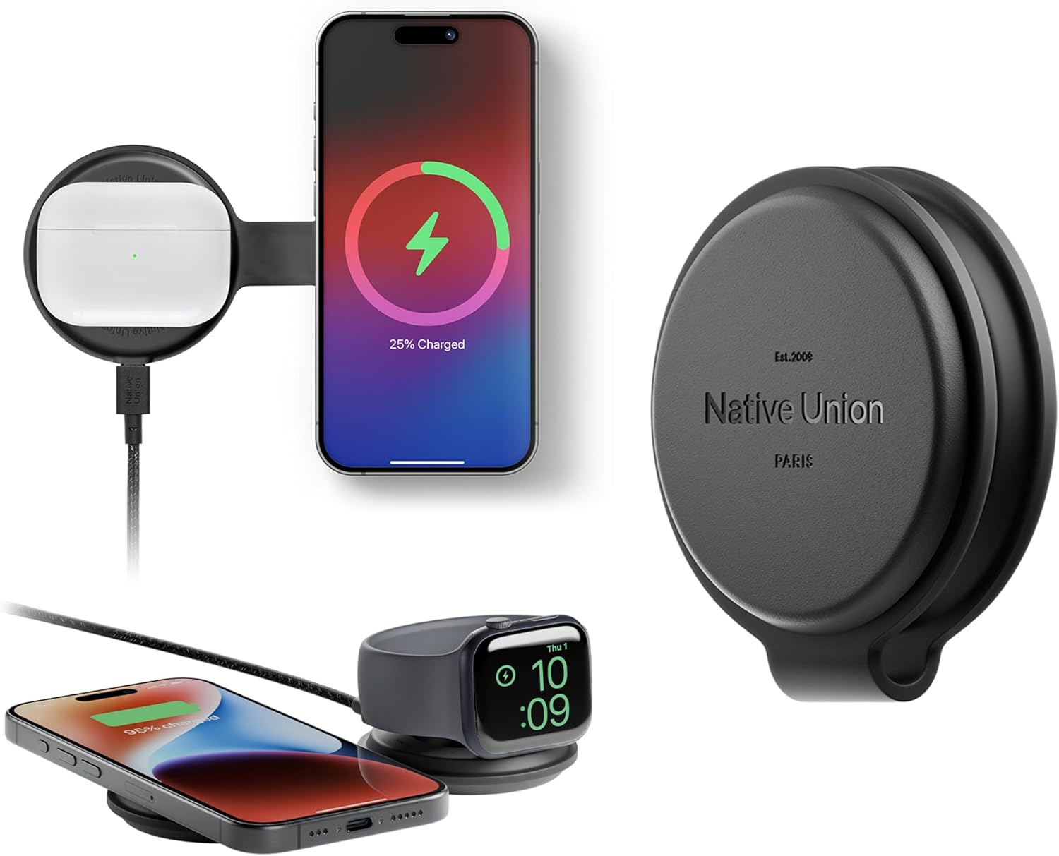 Native Union Voyage 2-in-1 Magnetic Wireless Charger – Foldable Travel Charging Station for iPhone 16, AirPods, Apple Watch & Multiple Devices – Qi2 Certified & MagSafe Compatible up to 15W (Black)