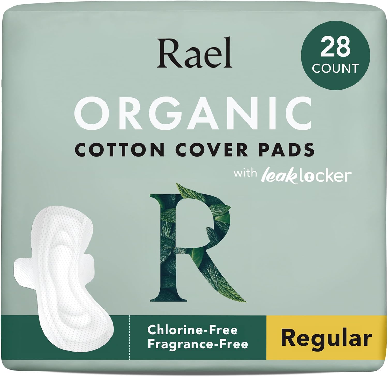 Rael Organic Cotton Cover Sanitary Towels - Regular Absorbency, Ultra Thin Period Pads with Wings for Women, Unscented, Hypoallergenic, Vegan (Regular, 28 Count)