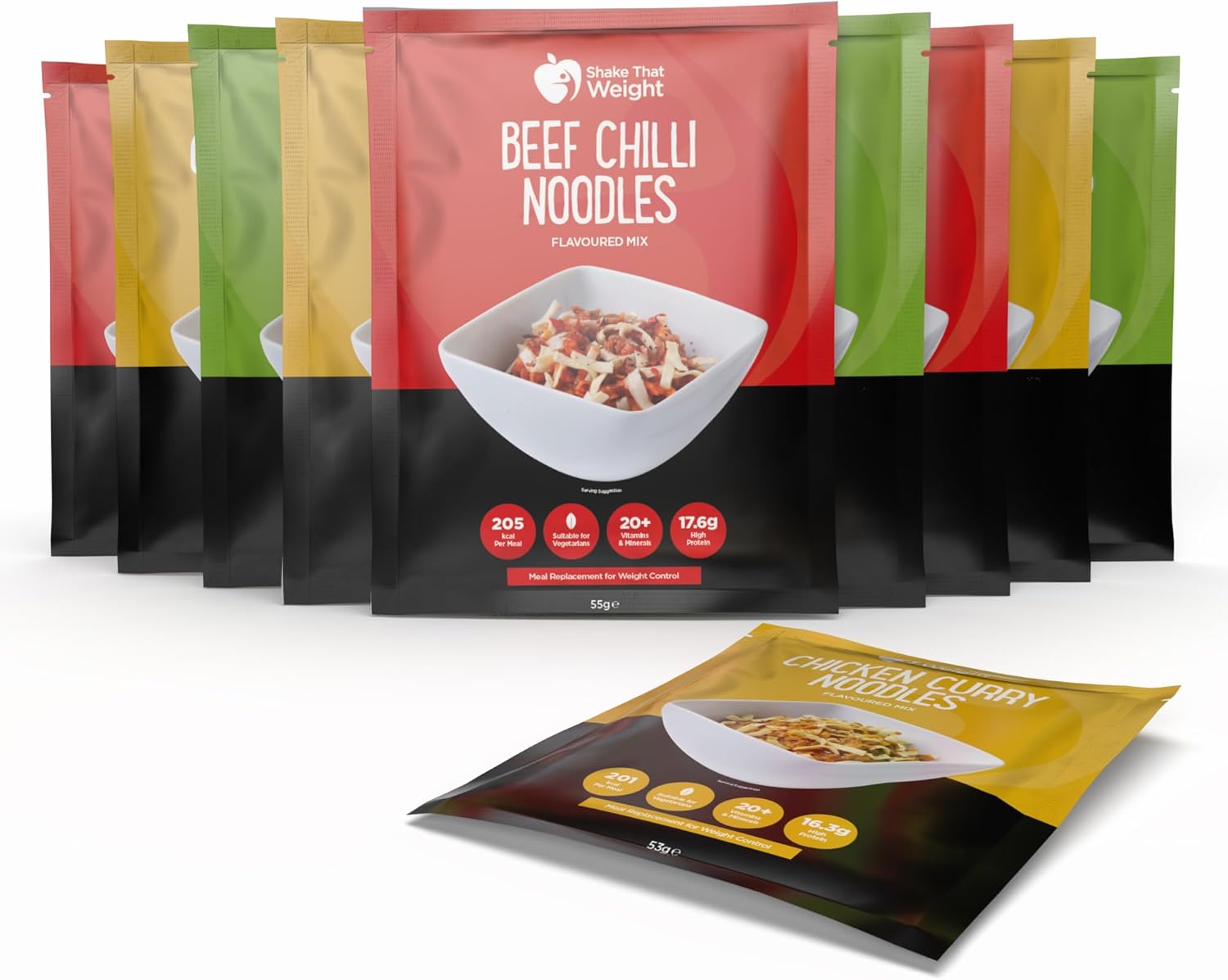 Shake That Weight - Variety Noodle Box - 10 Meals, High Protein, Low Calorie, Meal Replacement for Weight Loss, Vegetarian, Quick & Easy, Includes Beef Chilli, Chicken Veg & Chicken Curry Noodles