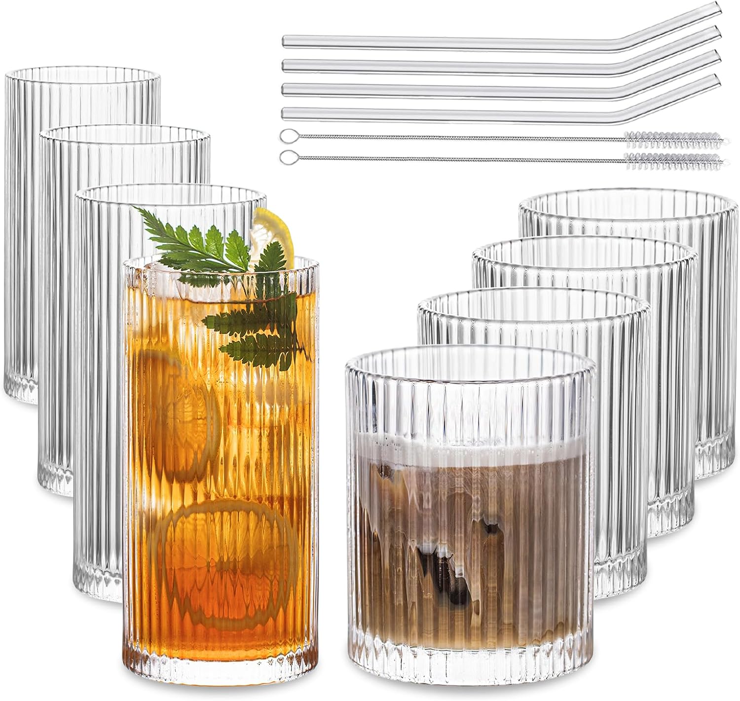 INSETLAN Set of 8 Vintage Glassware - 4 Highball Glasses 12 oz, 4 Rocks Glass Cups 14 oz, Ribbed Glassware Cocktail Glasses, Ideal for Wine, Juice, Water, Ice Coffee Cup, Whiskey, Mixed Drinkware