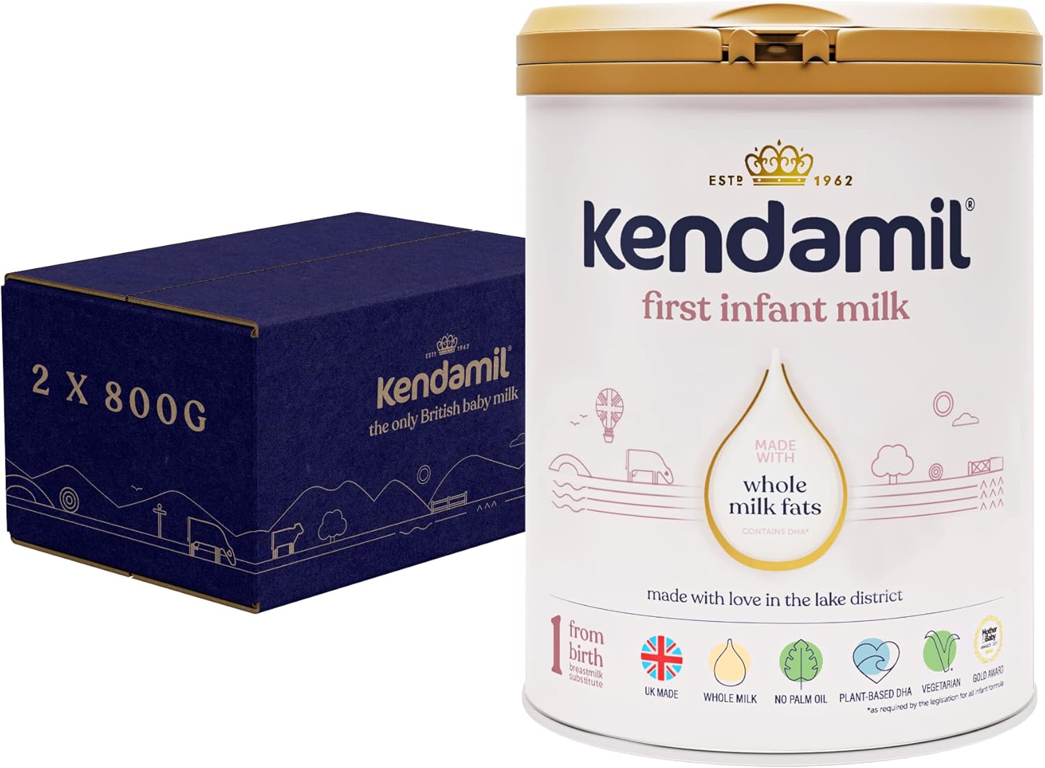 (2x800g) Kendamil First Infant Milk 2-Pack, Stage 1 from Birth – British Made, Whole Milk Formula – Vegetarian, No Palm Oil, No GMOs – with Omega 3 DHA, Omega 6 ARA and Prebiotics