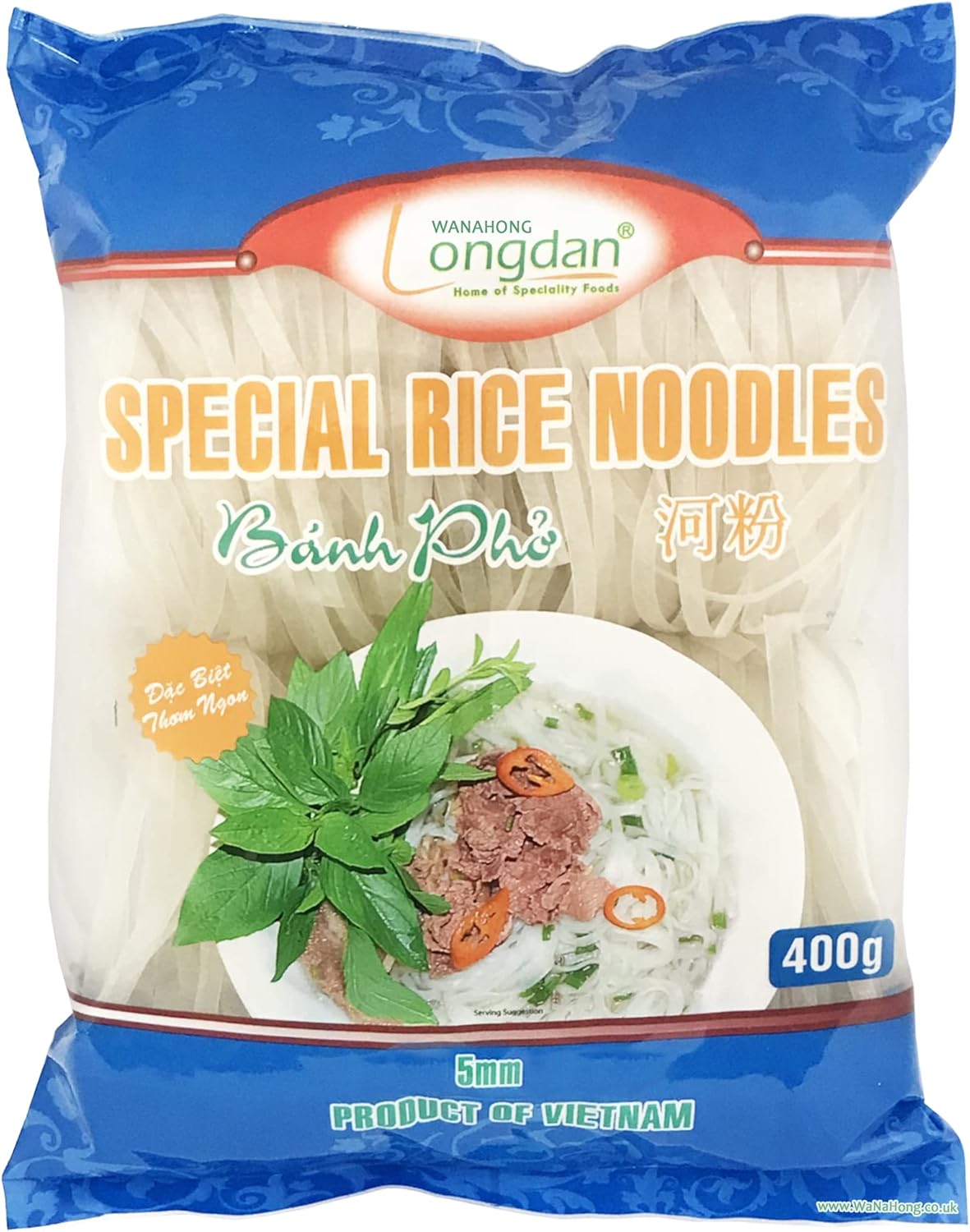 WaNaHong Longdan Rice Noodles Rice Sticks - Banh Pho [5mm] 400g (4 Packs)