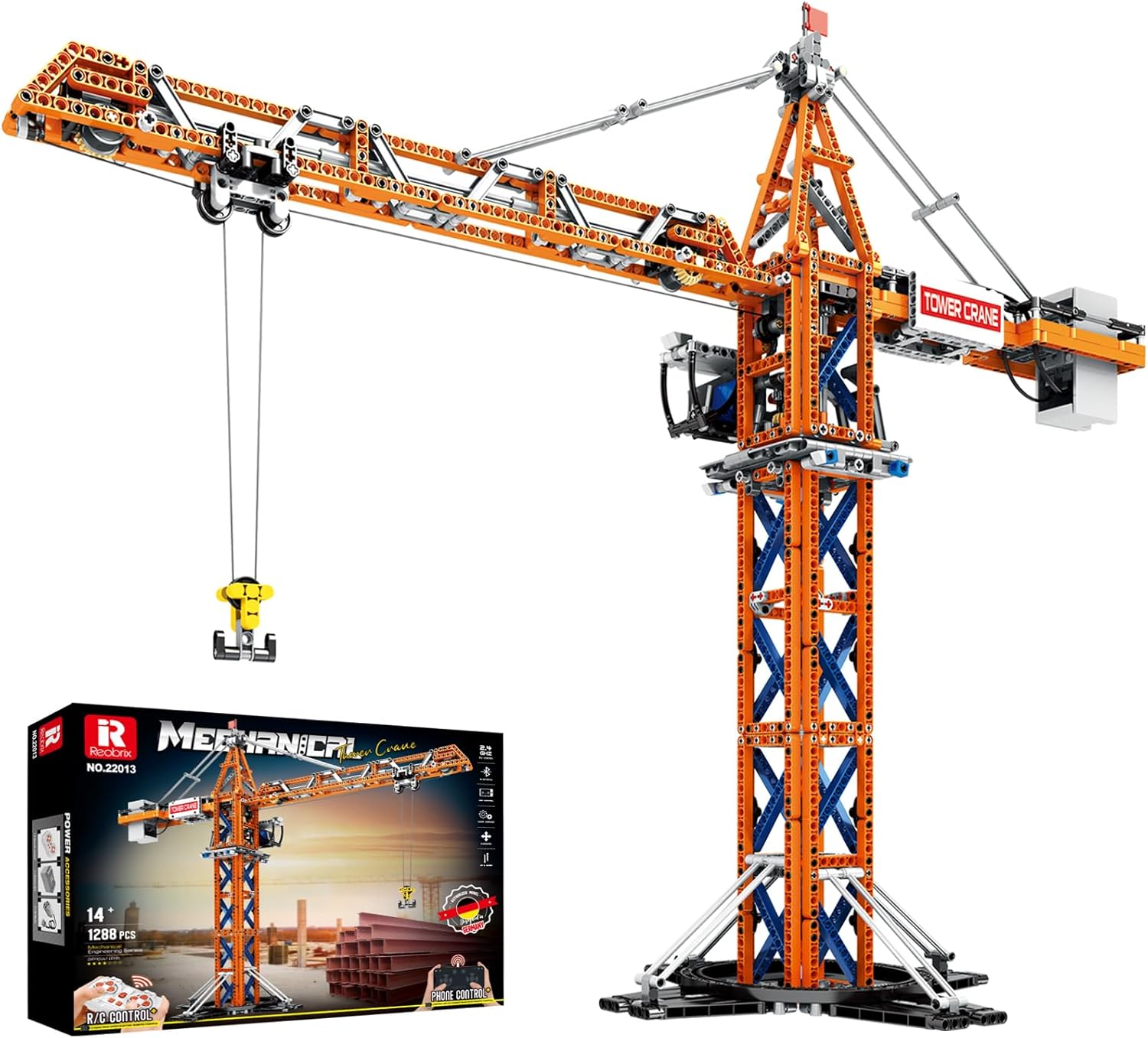 Reobrix RC Crane Toy Building Set with Motors, Tower Crane Construction Block Vehicle Model, 22013 Technical Heavy Hobby Engineering Kits Colleciton Gift for Adults Boys Men (1288Pcs)