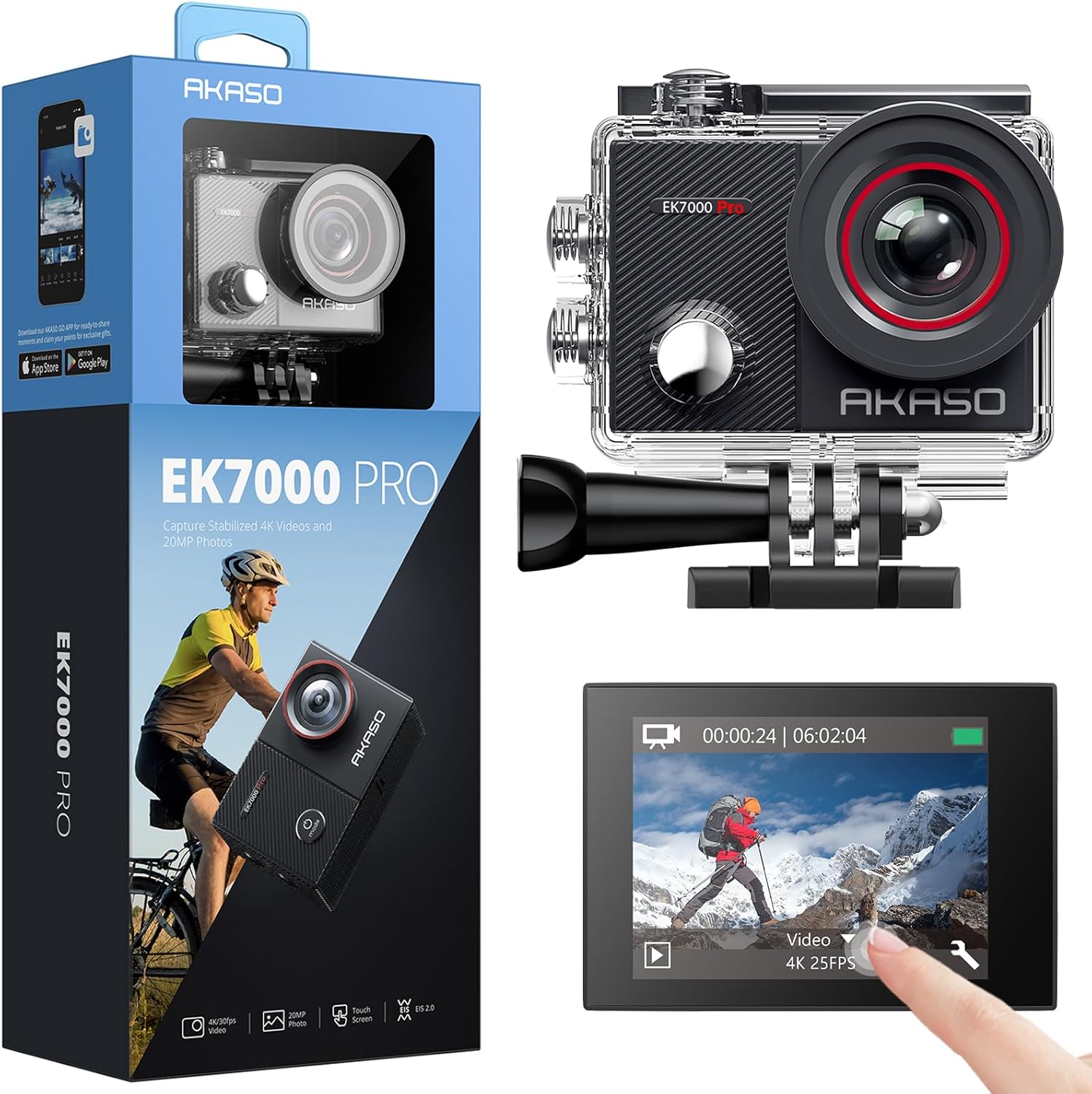 AKASO EK7000 Pro 4K Action Camera with Touch Screen EIS 131ft Waterproof Camera Remote Control 5x Zoom Underwater Camera with Helmet Accessories Kit