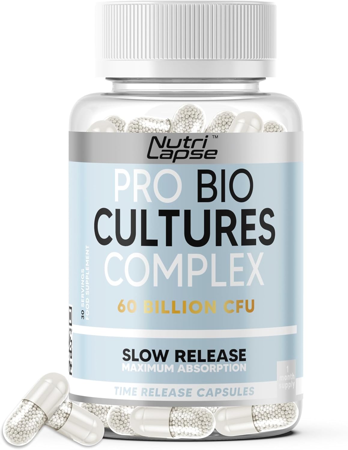 Bio Culture Probiotics Complex, 60 Billion CFU, Advanced Granular Biotechnology Capsules Slow-Release Maximum absorbtion for Gut Health.