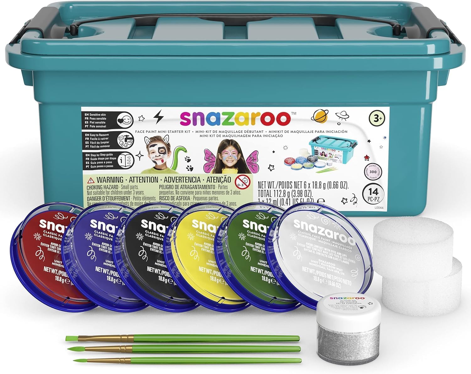 Snazaroo Face Paint Mini Starter Kit for Kids and Adults, 14 Pieces, 6 Colours, 1 Glitter Gel, Brushes, Sponges, Guide, Water Based, Easily Washable, Makeup, Body Painting