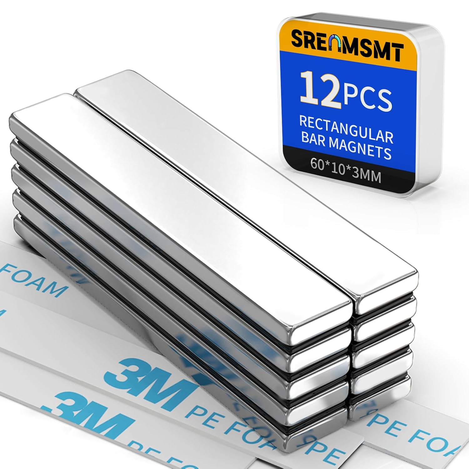Powerful Neodymium Bar Magnets, 12 Pack Rare Earth Magnets, Heavy Duty Magnets, Rectangular Magnets, Small Magnets Strong for Fridge, DIY, Garage, Kitchen, Science, Craft, Office-60x10x3mm
