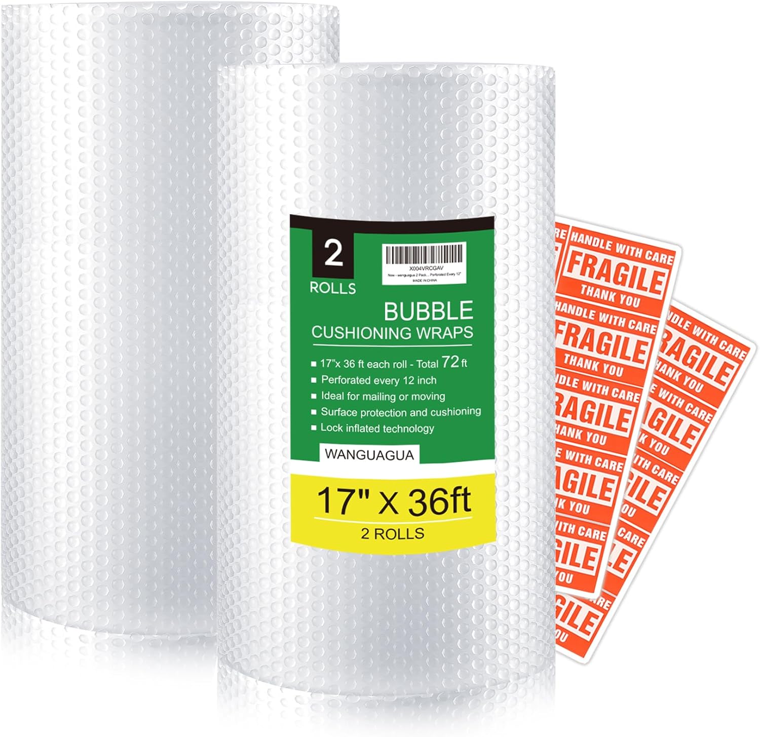 wanguagua 2 Pack 17 Inch x 72 ft Total Bubble Packing Wrap for Moving Boxes Shipping Cushioning Supplies Perforated Every 12”