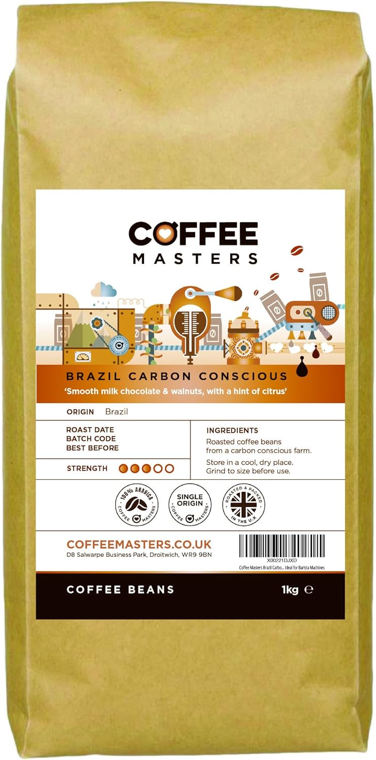 Coffee Masters Brazil Carbon Conscious Coffee Beans 1kg - Single Origin 100% Arabica for a Heavy Bodied Creamy Espresso - Medium Roasted Brazilian Bean Ideal for Barista Machines