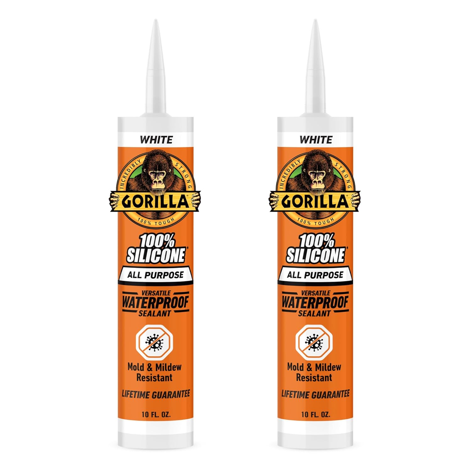 Gorilla Waterproof Caulk & Seal Silicone Sealant, 10oz Cartridge (Pack of 2) - White Caulking Sealant for Kitchen, Window, Bath, Marine, Door and More