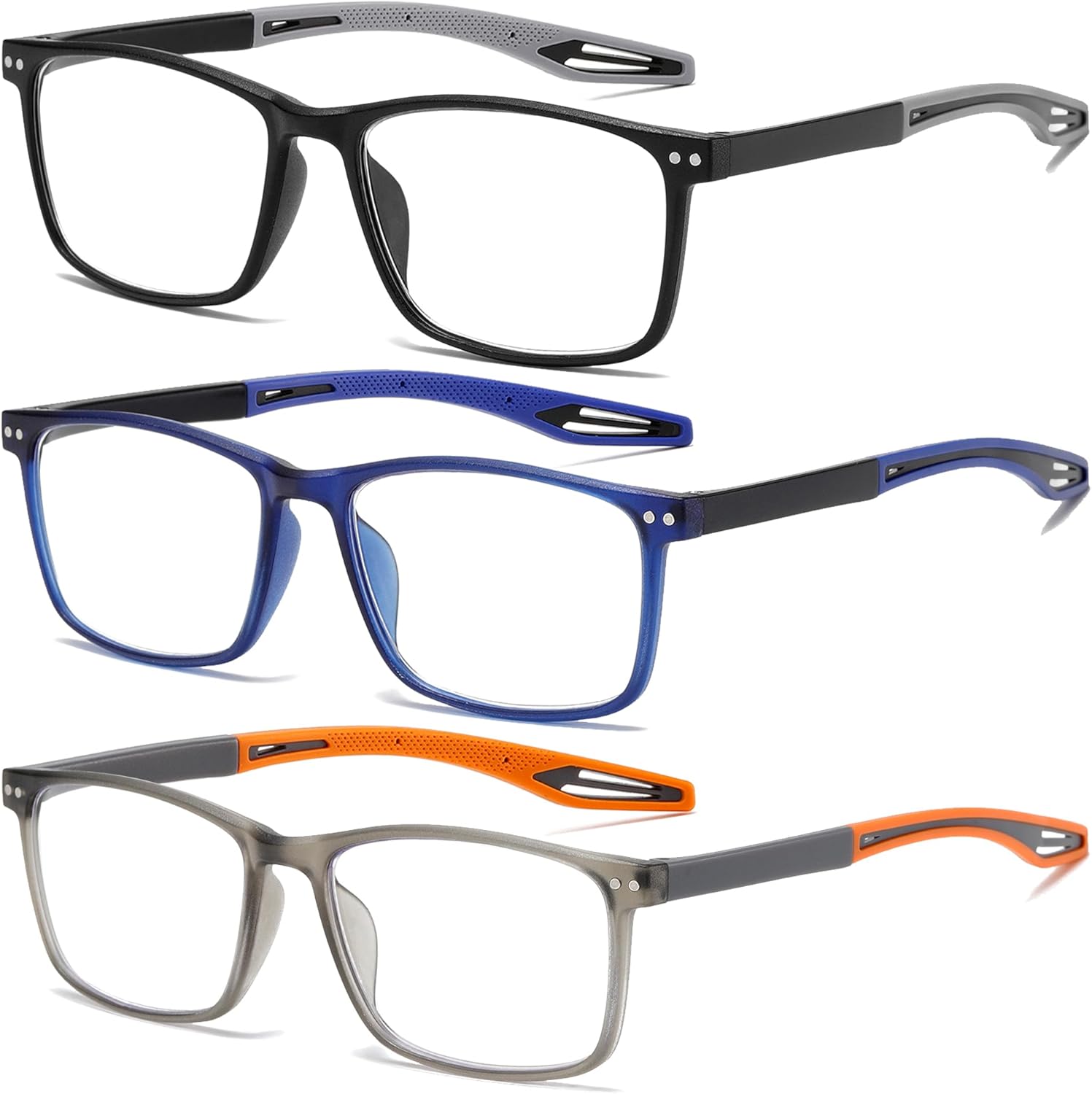 Fsread 3 Pack Reading Glasses for Men Sporty Style Blue Light Blocking Square Frames Lightweight Comfortable Readers