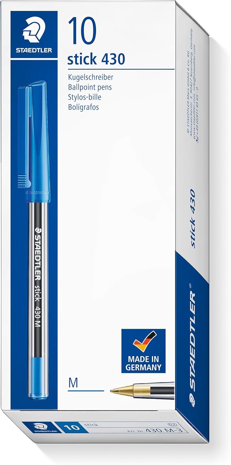 STAEDTLER Ballpoint Pens - Stick 430 - Medium Point - Blue Ink - Box of 10, 430 M-3