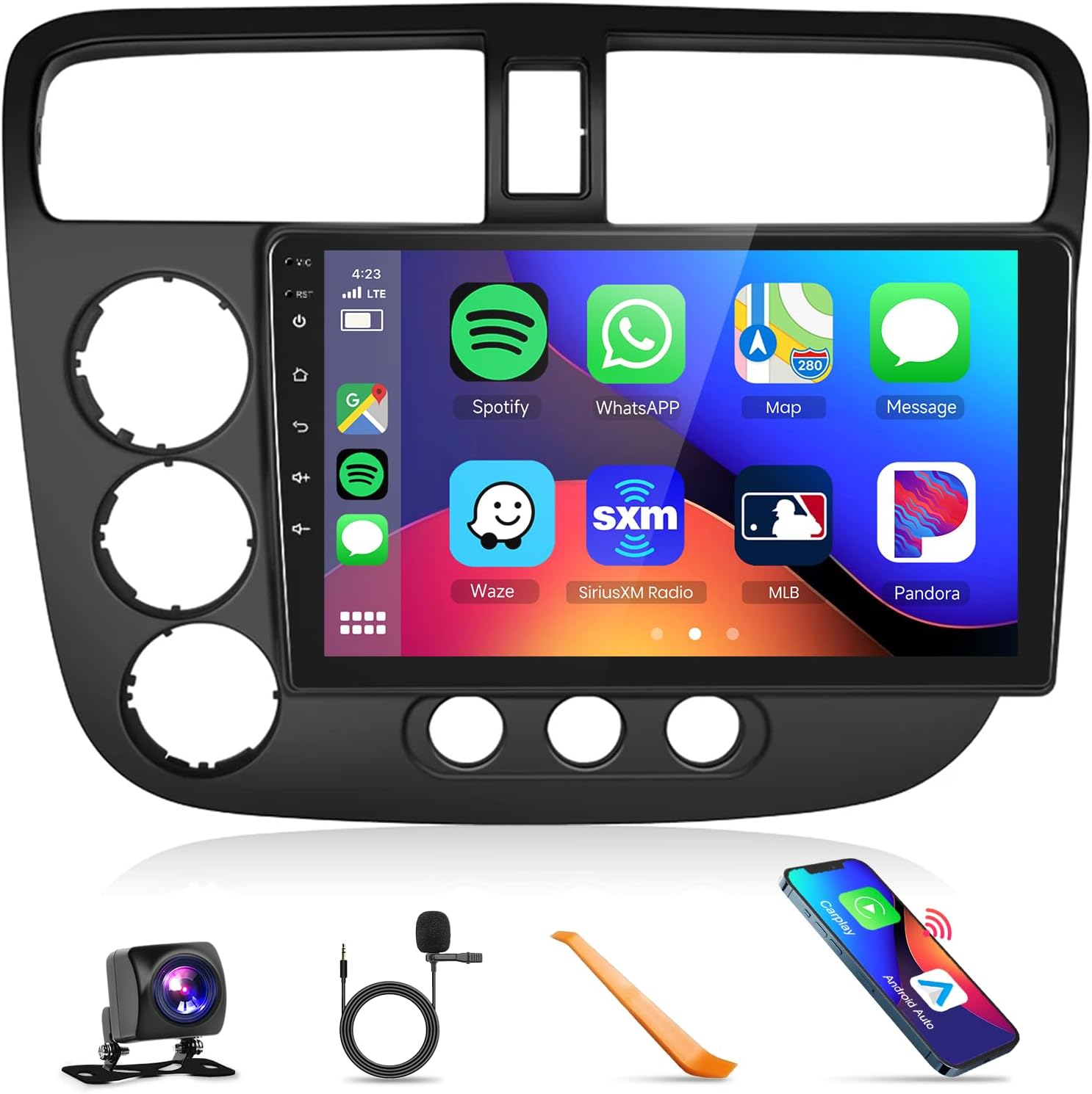 Build-in DSP Car Stereo Radio for Honda Civic 2001 2002 2003 2004 2005 with Wireless CarPlay Android Auto MirrorLink Podofo 9 inch HD IPS Touch Screen Bluetooth GPS WiFi Backup Camera Mic