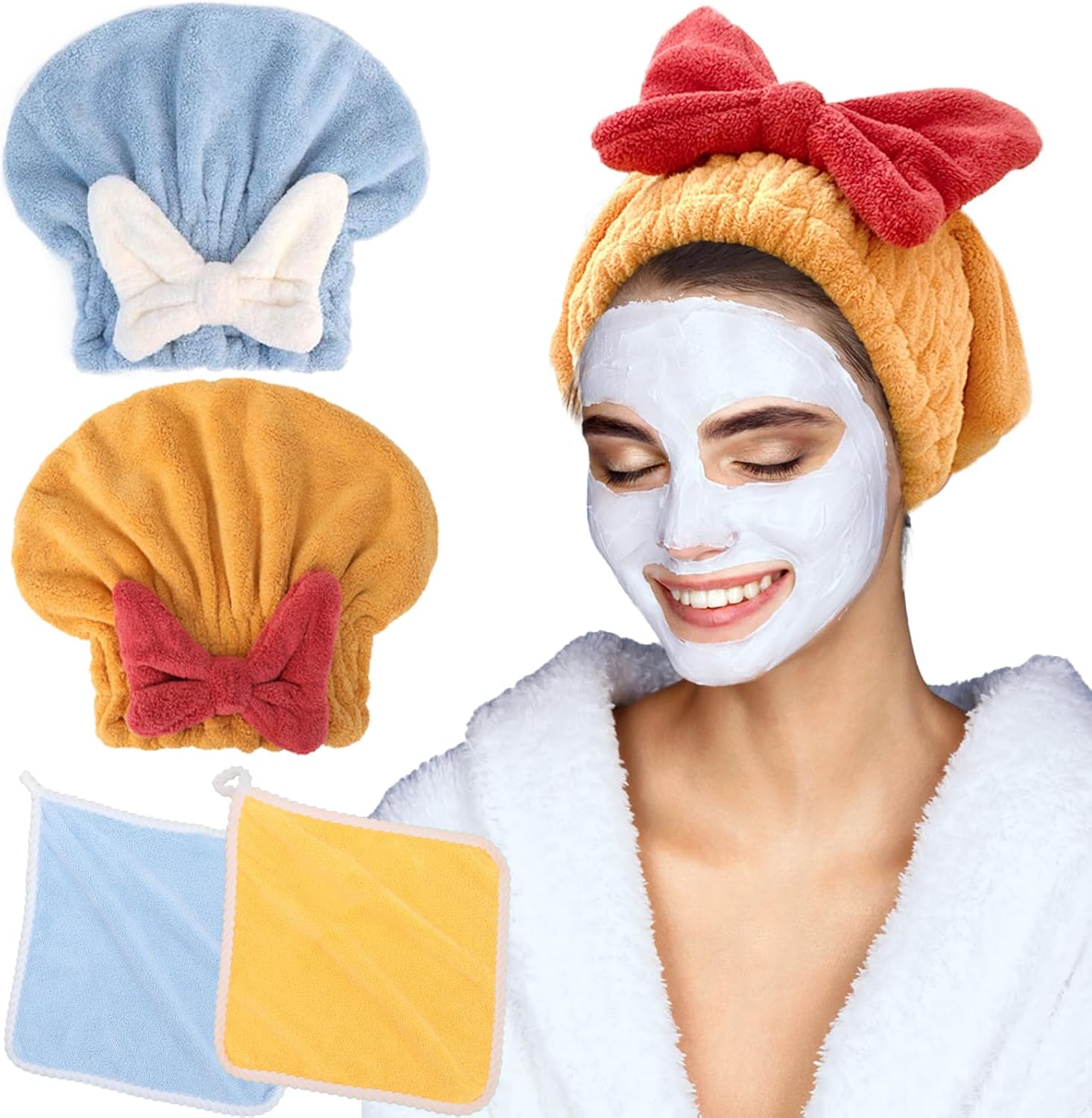 2 PCS Microfiber Hair Towel Wrap Hair Turban Towel Super Absorbent Bath Loop Fasten Salon Dry Hair Hat, Soft Microfiber Hair Drying Towels Dry Hair Caps Head Wrap for Women, Girls