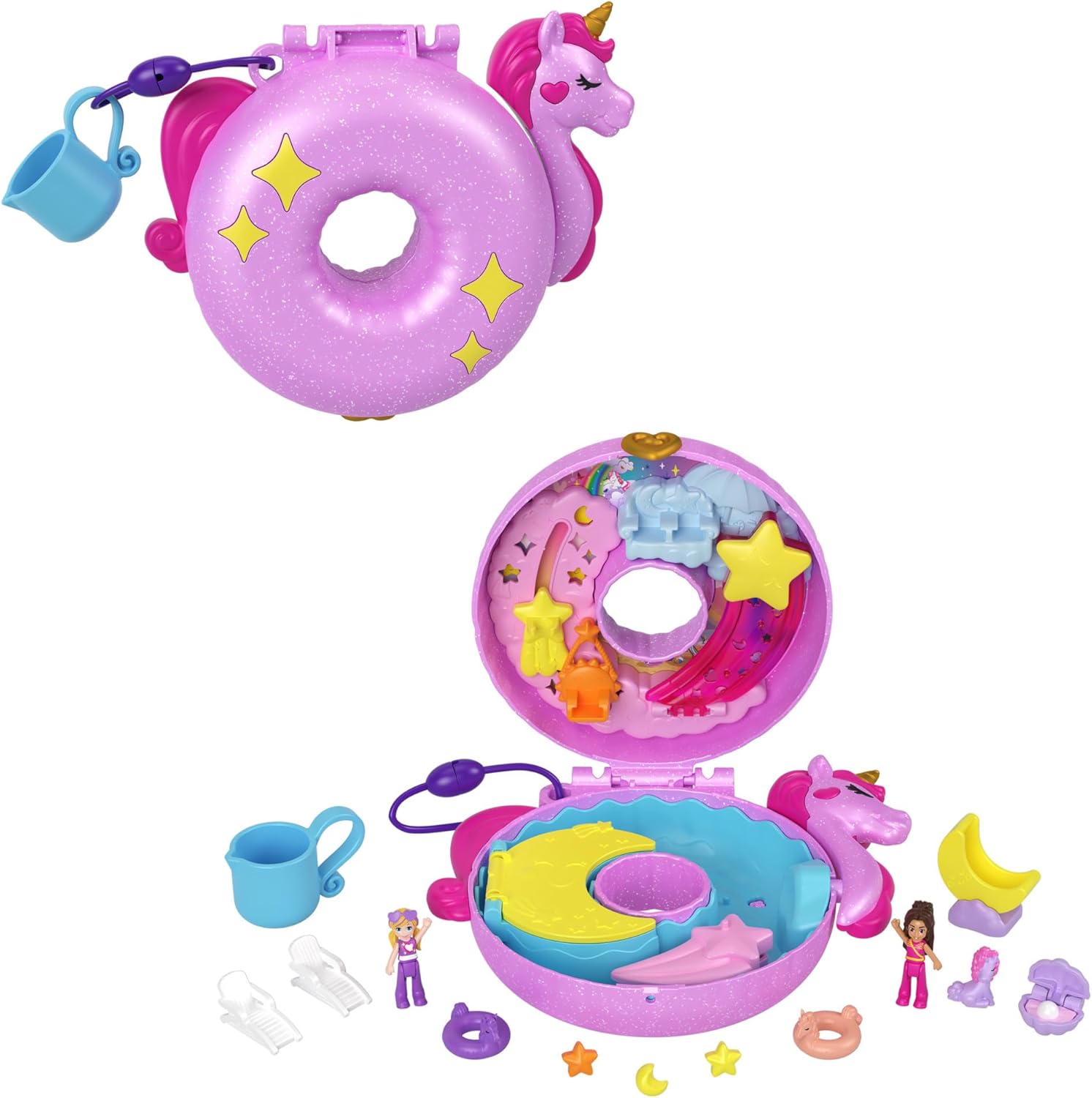 Polly Pocket Dolls Age 4+ and Playset, 12 Accessories, Unicorn Floatie Compact with Water Play and 2 Color-Change Pieces, HKV34