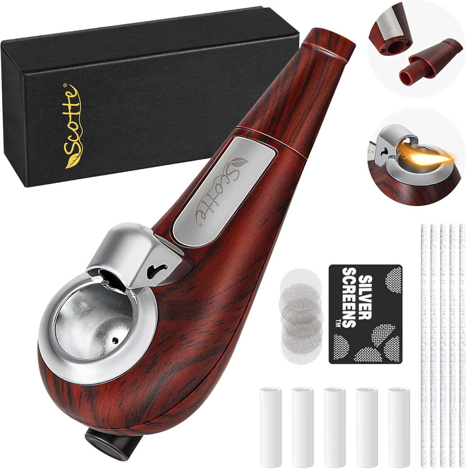 Scotte Portable Pipe, Mini Pipe with Refillable Pipe Lighter function, Include Pipe Filter Pipe Cleaner and Pipe Screen Multiple Pipe Accessories Tools for Smoking, Detachable Pipe Kit with Gift Box