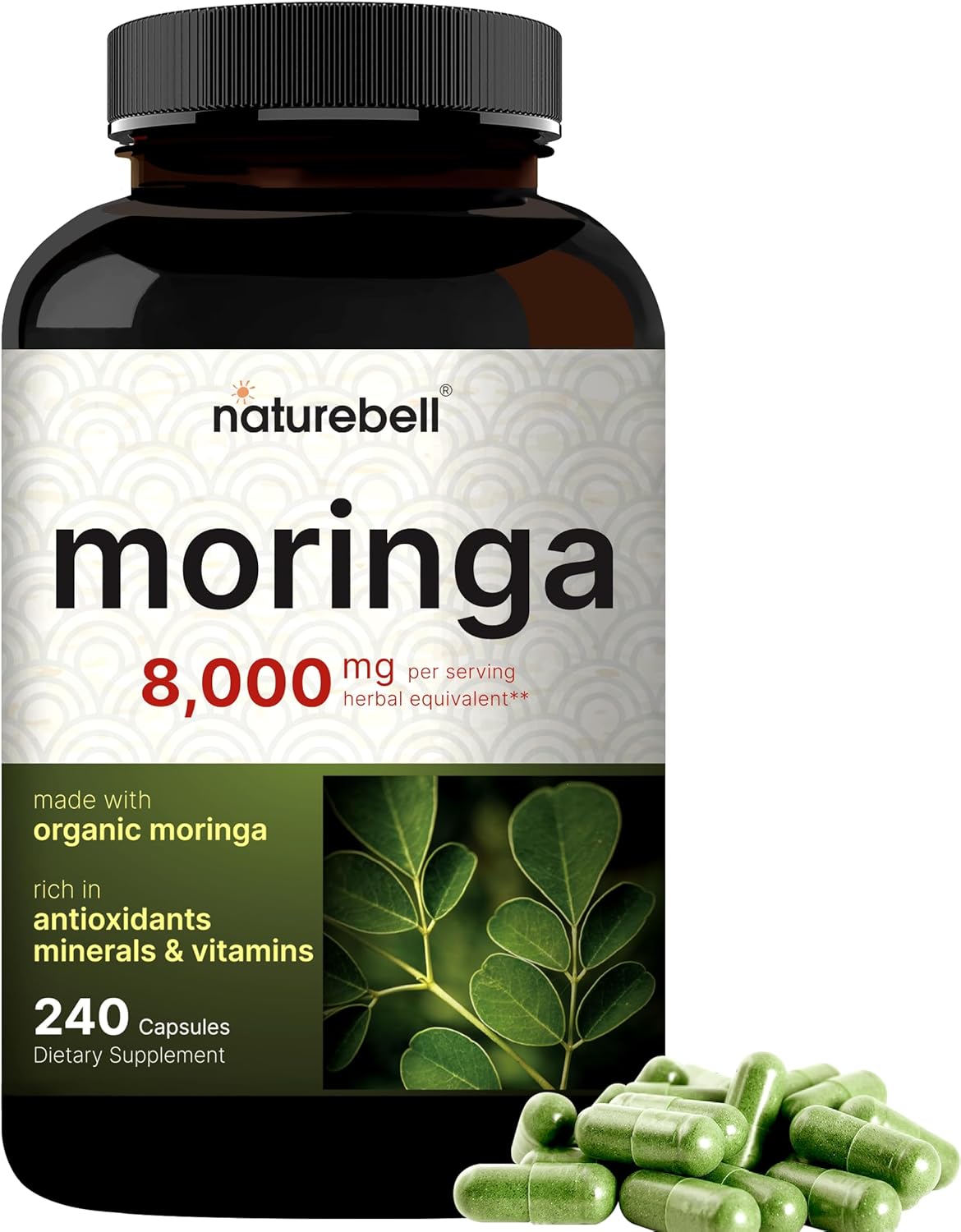 NatureBell Moringa Capsules 8000mg Per Serving, 240 Capsules | 4 Month Supply, Made with Moringa Powder Organic | Green Superfood, Skin Health & Immune Support | Non-GMO, Gluten Free