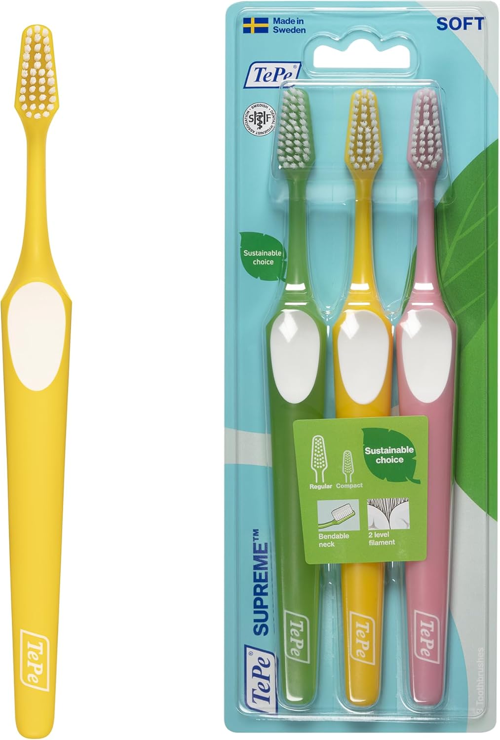 TePe Supreme Toothbrush, Soft, 3pcs, Plaque Remover, efficient Cleaning with Two-Level filaments, Soft Bristle Toothbrush