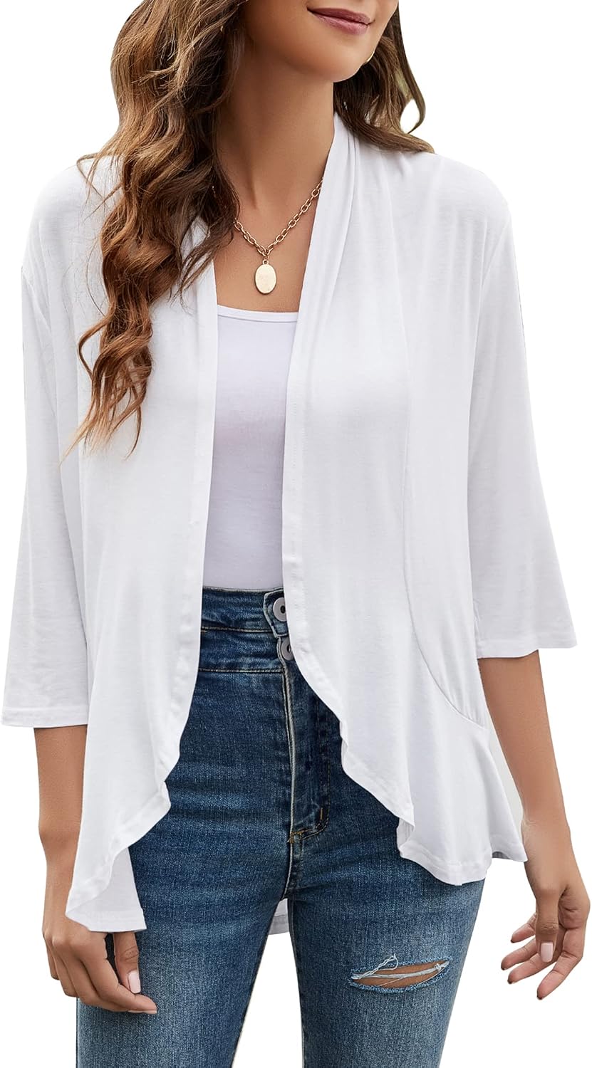 Women Cardigan 3/4 Sleeves Open Front Lightweight Draped Cardigan