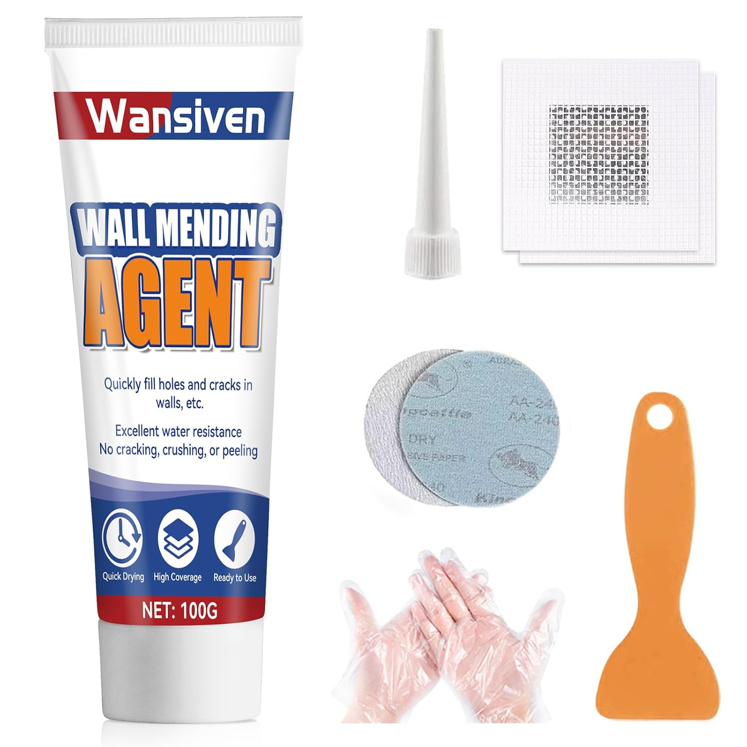 Wansiven Wall Repair Cream, Waterproof White Wall Filler Kit, Rapair paste for filling cracks and plaster surfaces, with scraper and repair patch (100g)