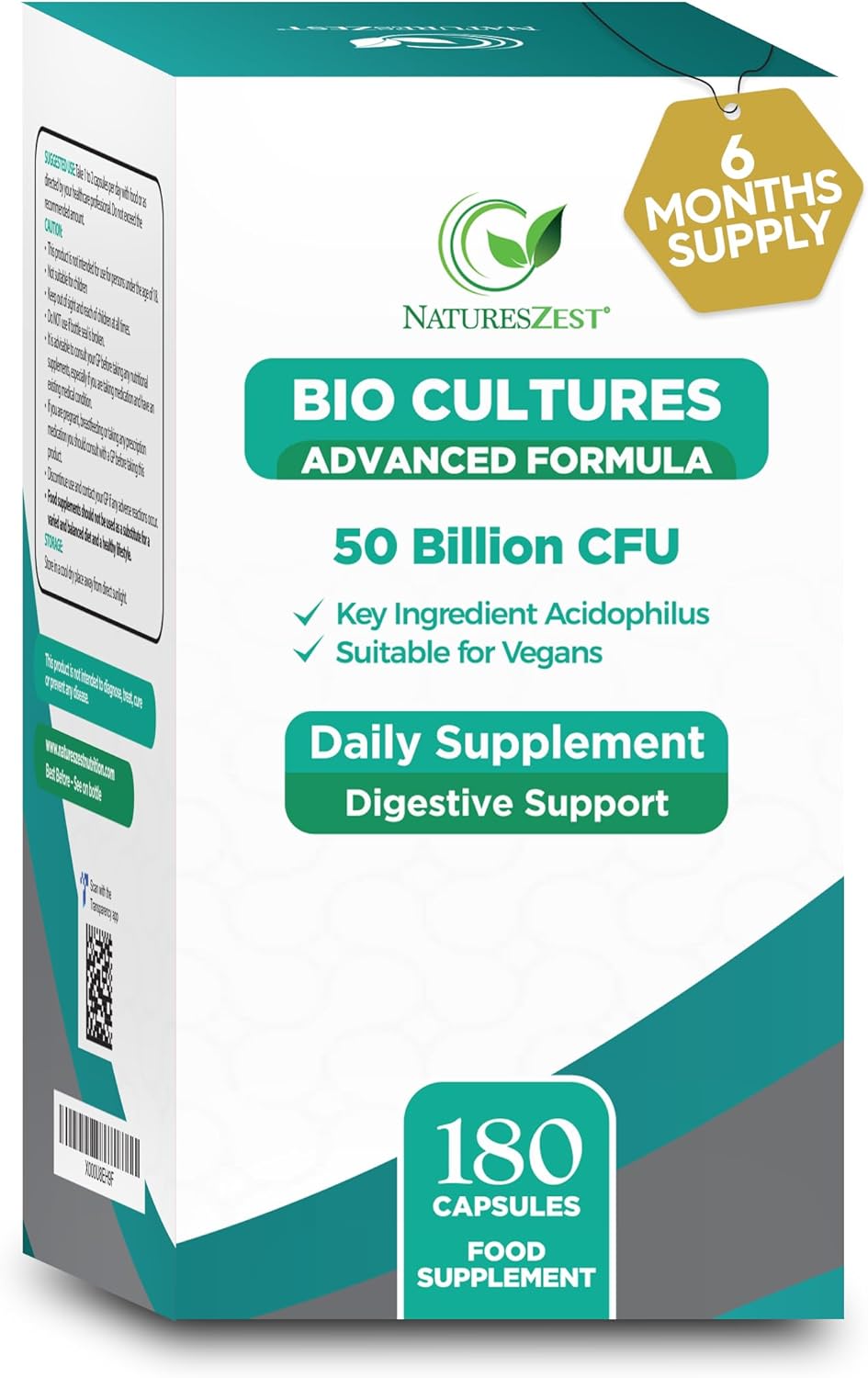 Bio Cultures Complex Probiotics & Prebiotics 50 Billion CFU – 6 Months Supply - Acidophilus & Saccharomyces Boulardii Probiotic – 180 Vegan Capsules - Probiotics for Gut Health