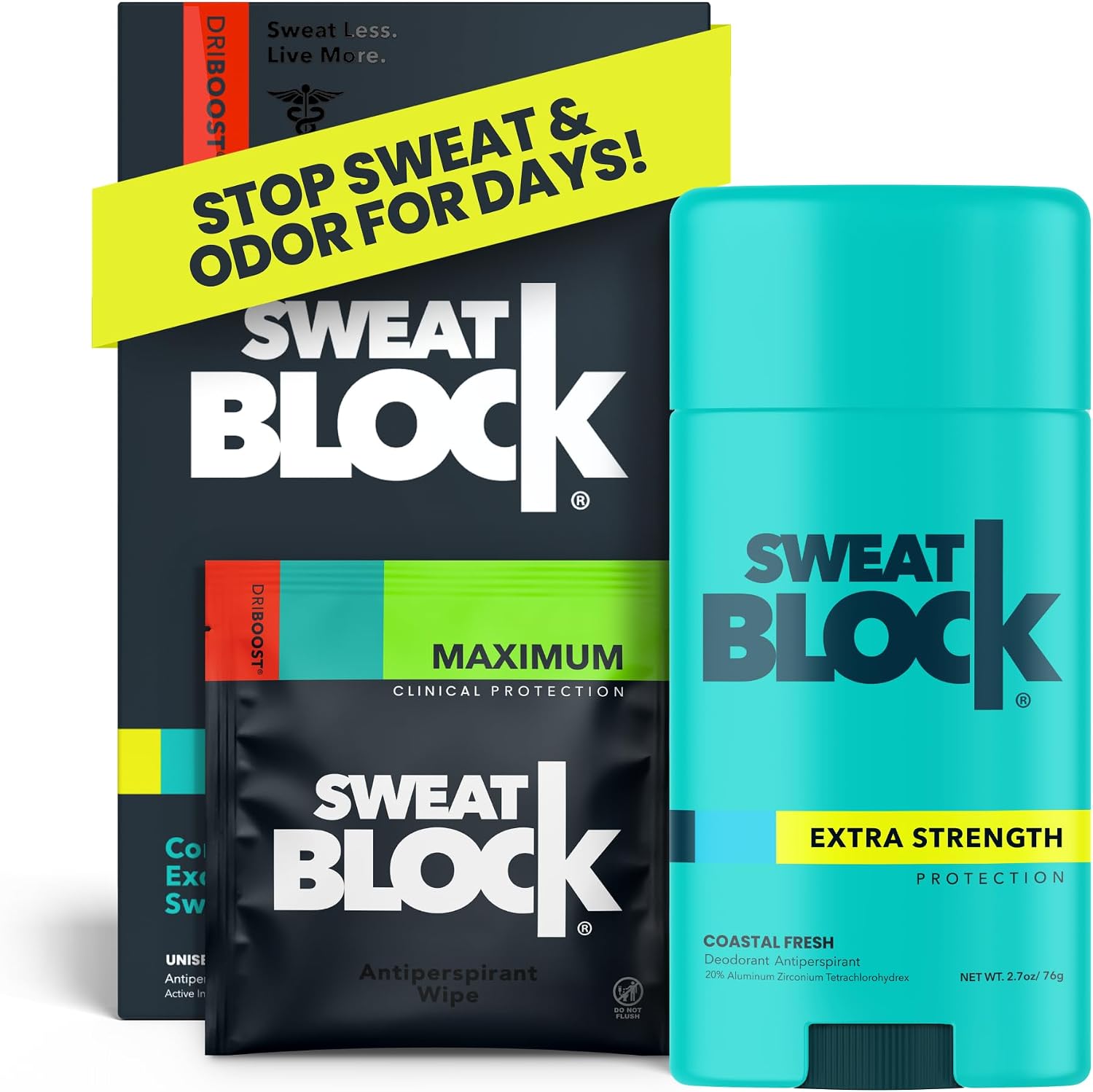 SweatBlock Antiperspirant Deodorant Max Clinical System for Men & Women. Treat Hyperhidrosis, Excessive Sweating & Underarm Odor - DRIBOOST [PM] Antiperspirant Wipes + [AM] Daily Deodorant Stick